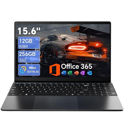 15.6 Inch Laptop with Office 365, 12GB RAM 256GB SSD, Quad-Core Processor, Win 11 Home Laptops Computer, IPS FHD, 180°Viewing, Type-C, WiFi 5, BT4.2, Portable Thin Business Student Laptops