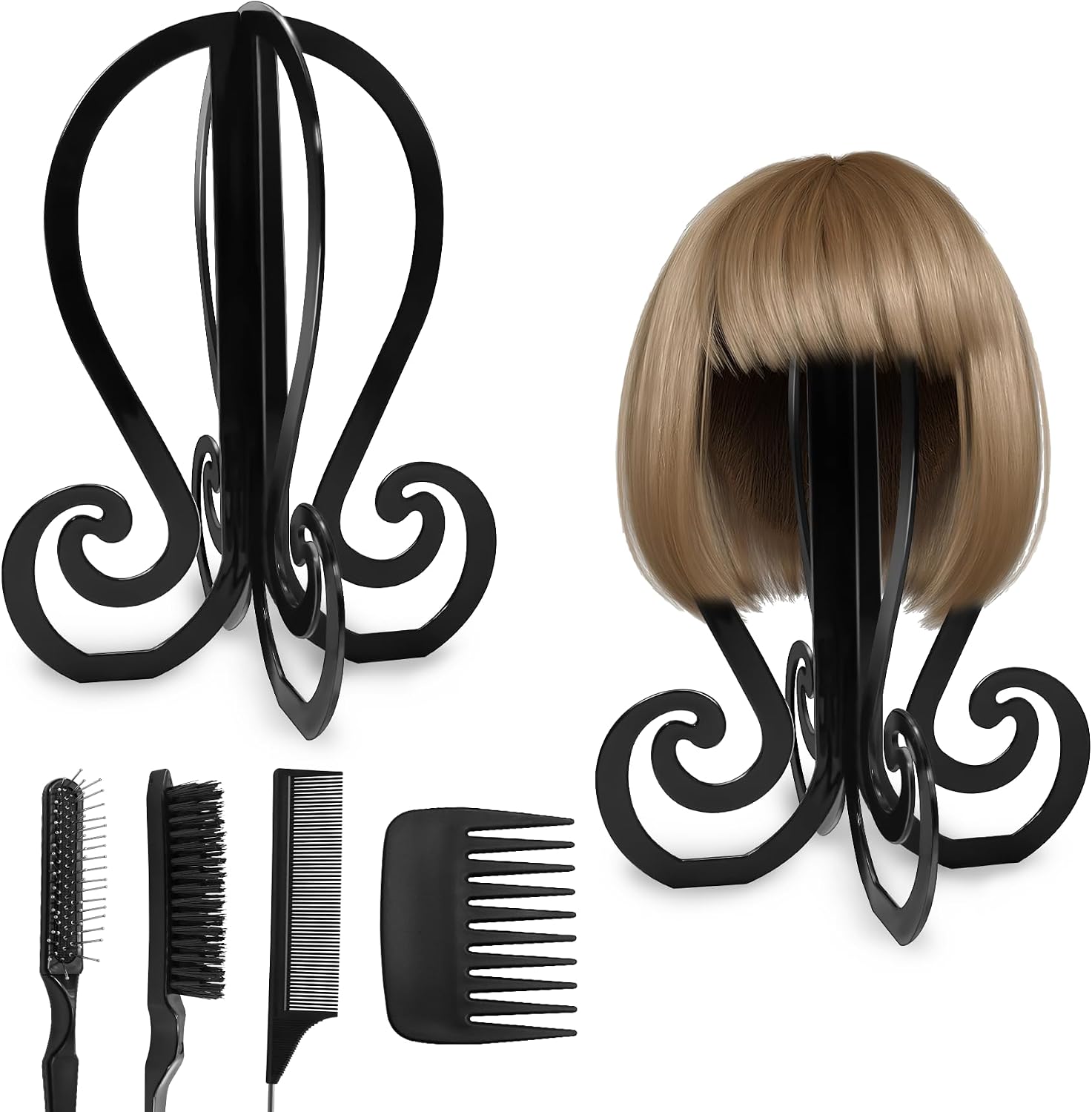 2 Pack Wig Head Stand Portable Collapsible Wig Holder With 4PCS Wig Brush Comb,Travel Wig Holder Comb Set for Women Multiple Wigs