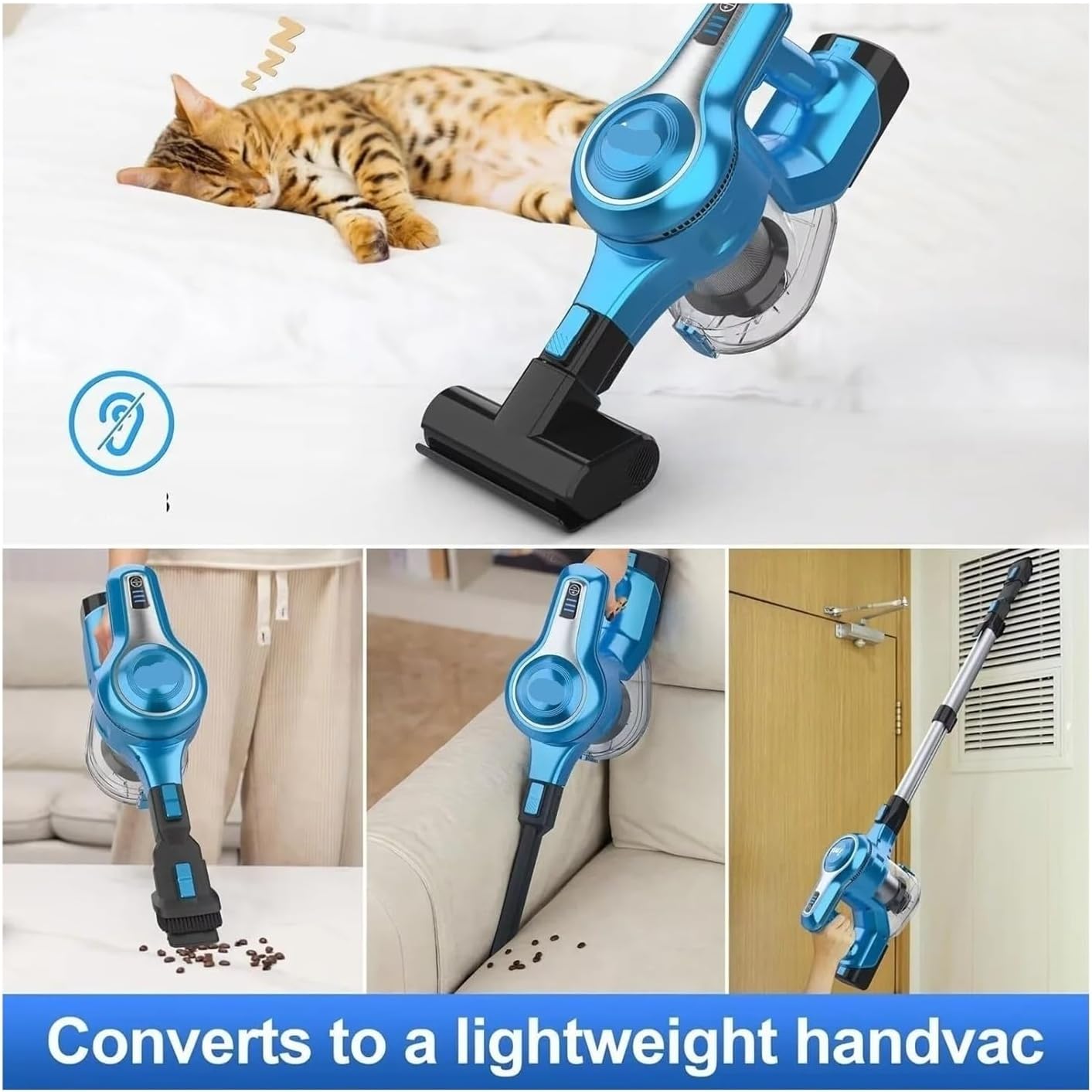 Image demonstrating the INSE S62 converting into a lightweight handheld vacuum for cleaning various surfaces like beds, tables, and tight spaces.