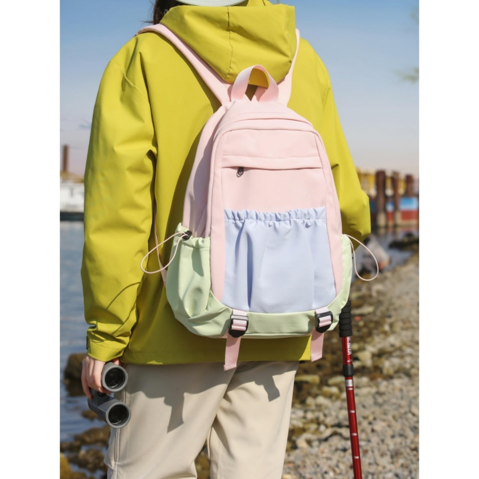 Zaino Color-Block Nylon Student Casual College-Style di Viaggio Elegante per Le Donne