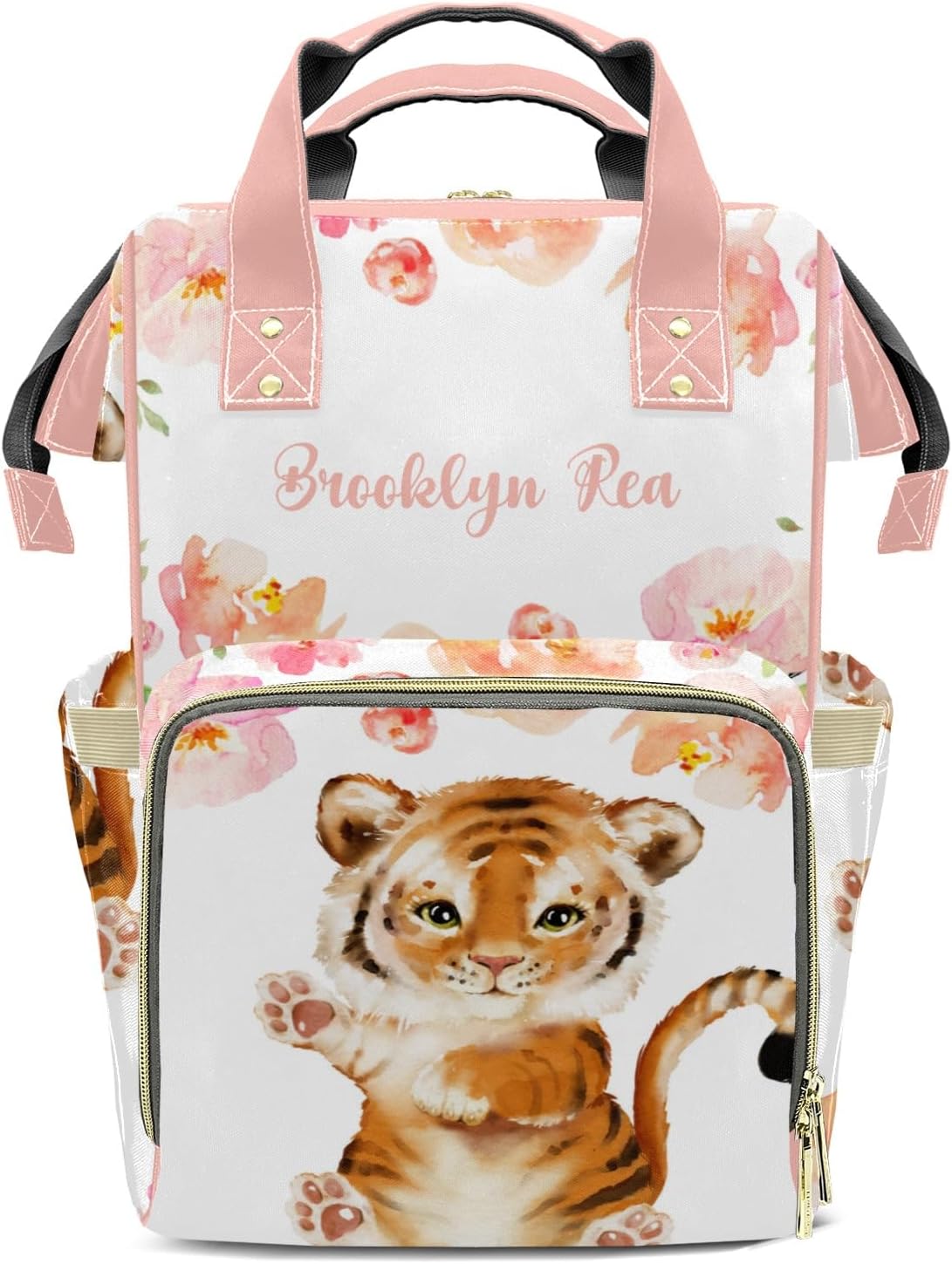 Personalized Diaper Bag Backpack Name Watercolor Pink Flower Tiger Functional Waterproof Bag: Gift for Moms, Dads