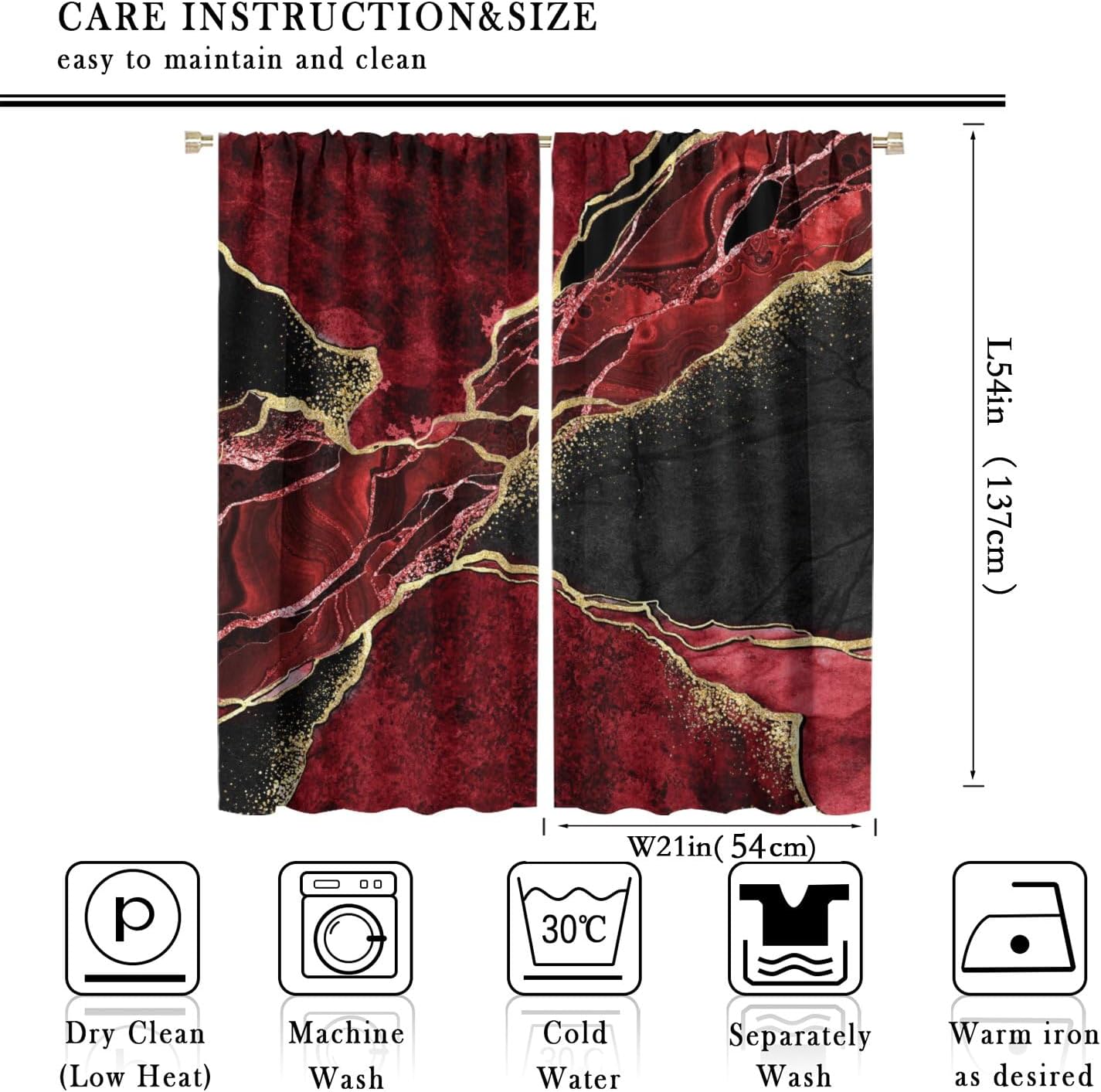 Wine Red Marble Curtains Gold Cracked Lines Black Abstract Modern Luxury Art Curtain with Rod Pocket for Bedroom Living Room Home Decor Drapes Window Treatments 2 Panels Set 42x54 Inch