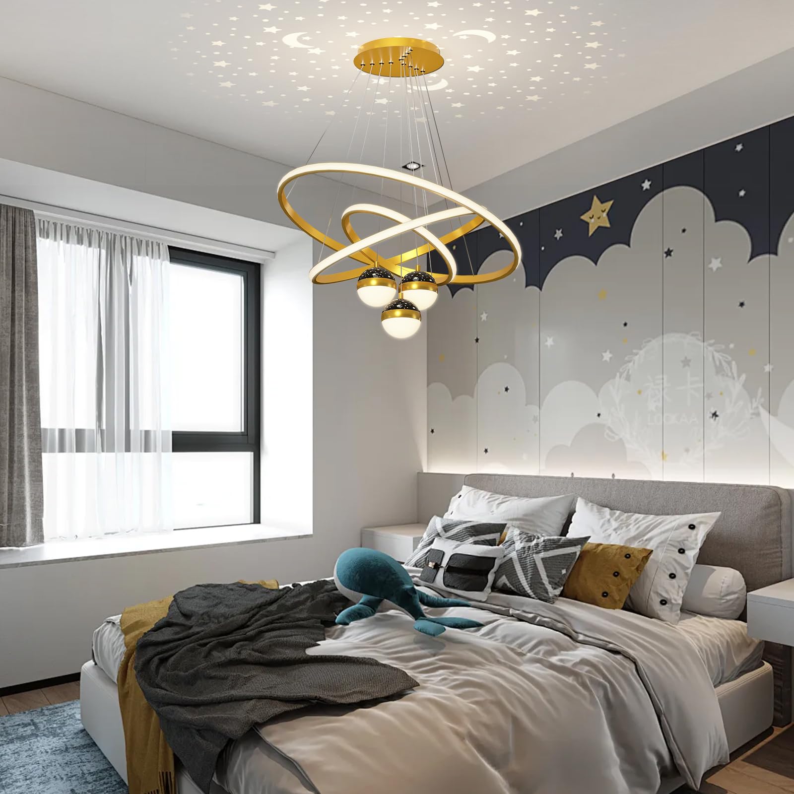 Żyrandole LED, lampa sufitowa, 3 złote lampy na wyspie kuchennej z pilotem zdalnego sterowania, lampa wisząca, 30 + 40 + 60 cm, nowoczesne lampy sufitowe z możliwością przyciemniania pamięci