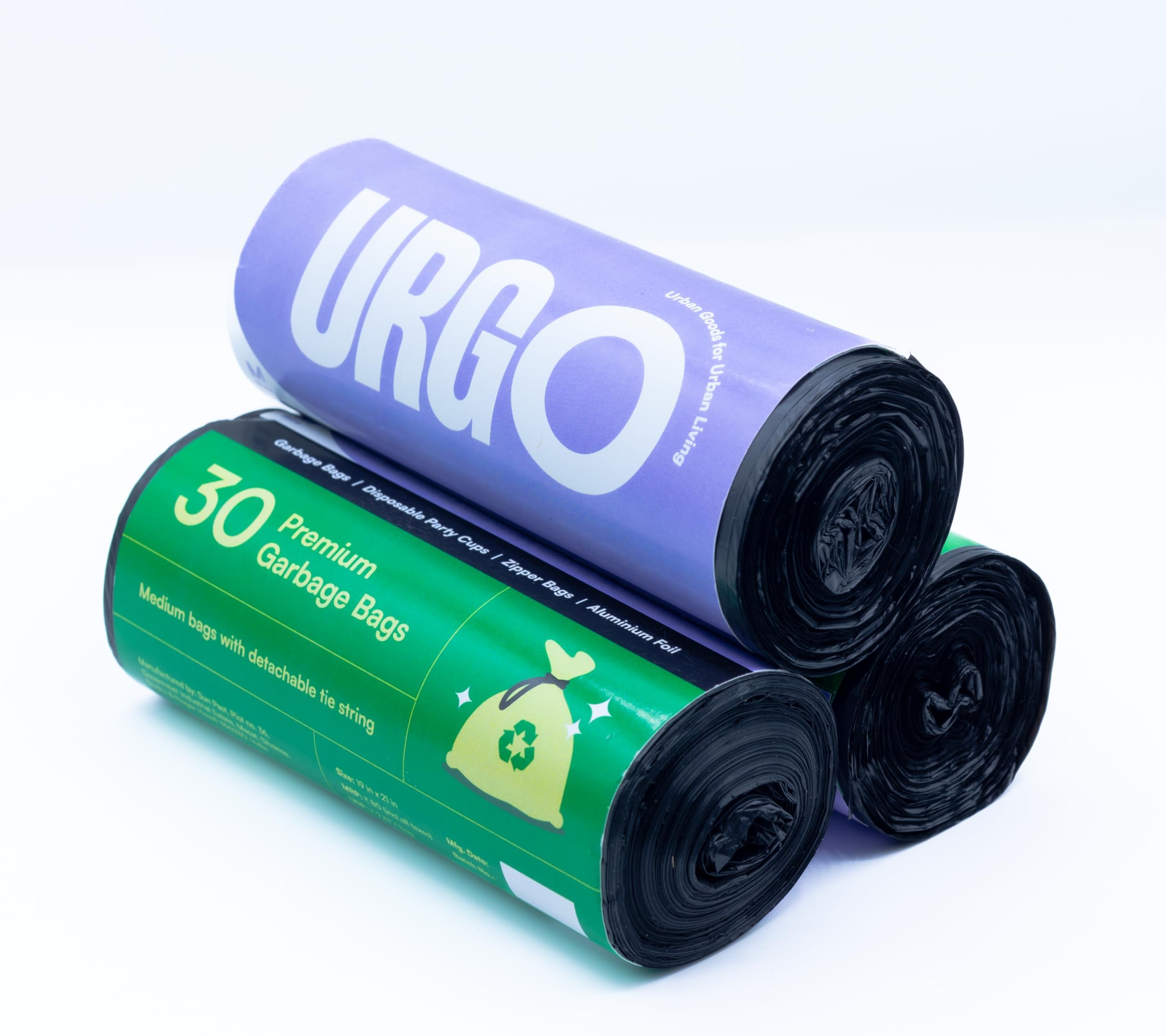 URGO Premium, Export Quality Garbage Bags with Tie String - Medium (19 x 21 in) - 30 Bags per Roll, total 90 bags - Pack of 3 - Black