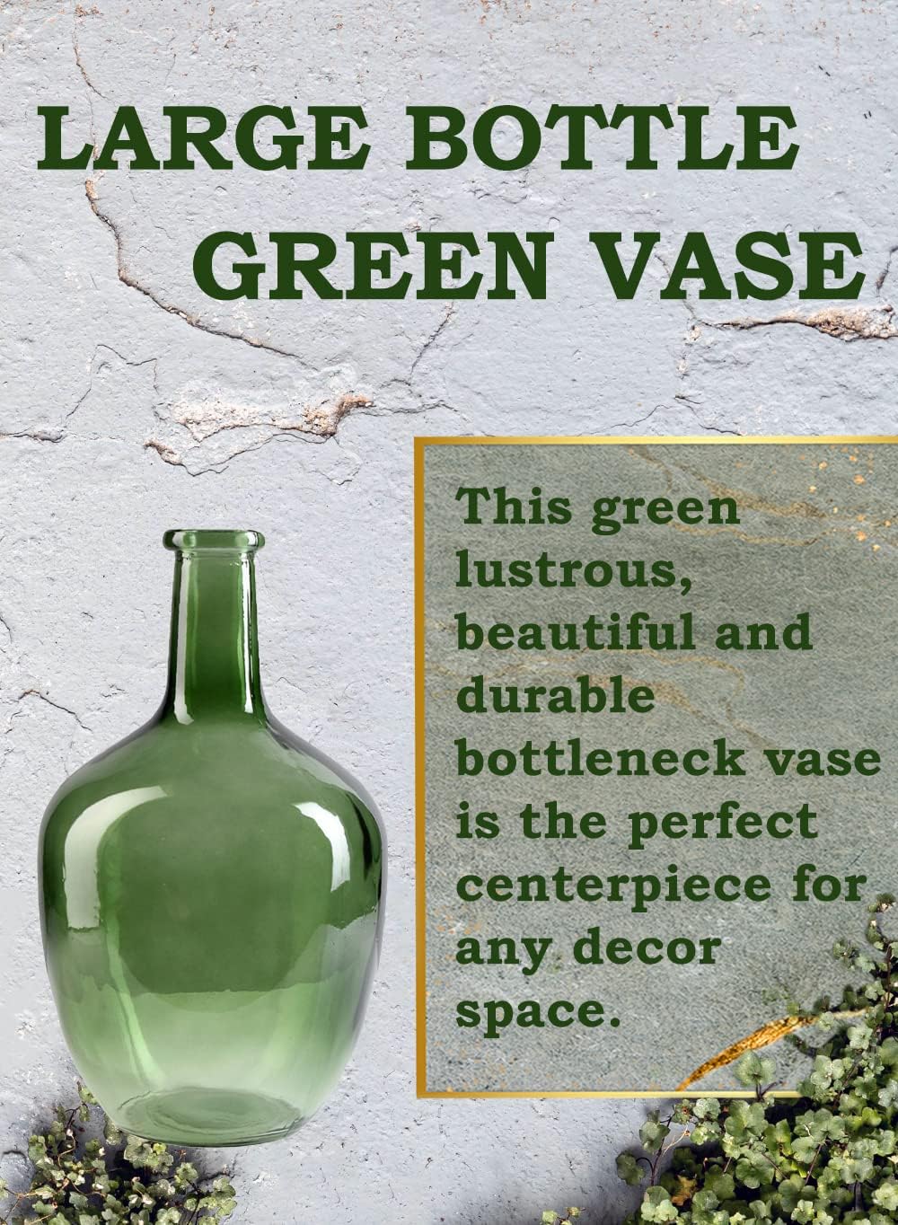 Serene Spaces Living Olive Green Bottleneck Glass Vase - Elegant Vintage Floor Vase for Long-Stemmed Floral Arrangements, 7.48" Diameter & 12" Tall (Pack of 1) - Image 6