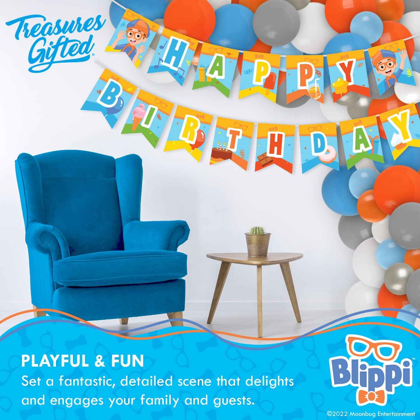 Treasures Gifted Officially Licensed Blippi Birthday Decorations - 1 Happy Birthday Banner - Blippi Birthday Party Supplies - Pre-strung Banner