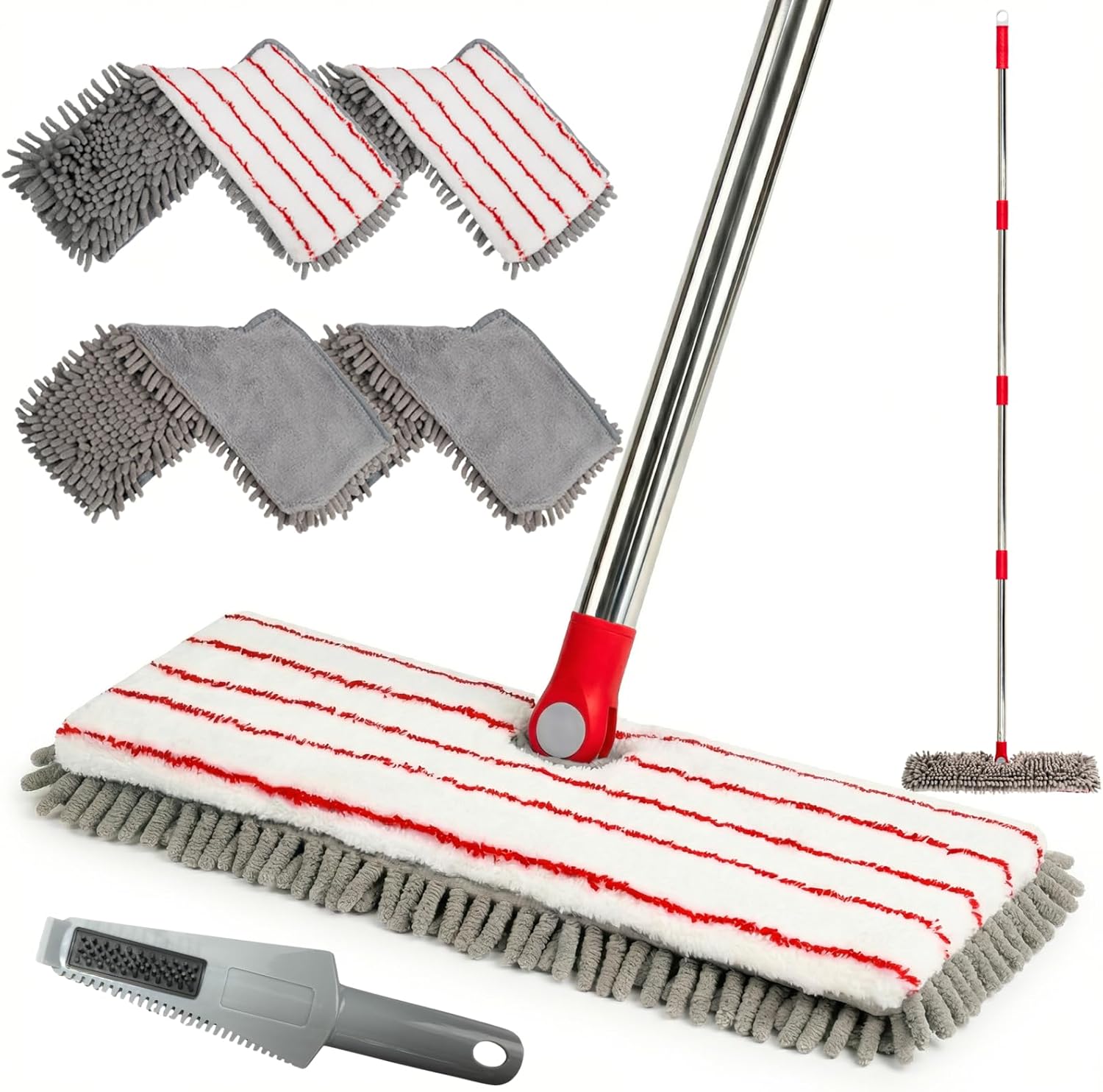 Microfiber Mops for Floor Cleaning, Flat Dust Mop with 4 Washable Pads, Dual-Sided Flip Mop for Wet & Dry Use, Extendable 62’’ Handle with Scraper, Floor Mops for Hardwood,Laminate,Vinyl,Kitchen,Tile