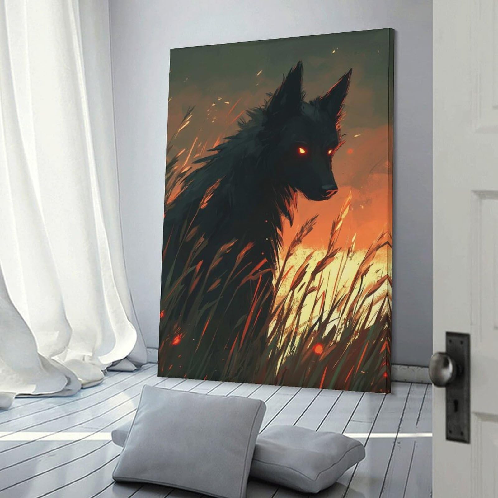 Junmoney Frame-Style-22 Black Wolf With Glowing Eyes Canvas Wall Picture, 20X30inch(50X75cm), For Study, Office Or Focused Interiors, Home Office Artwork With Decorative Appeal
