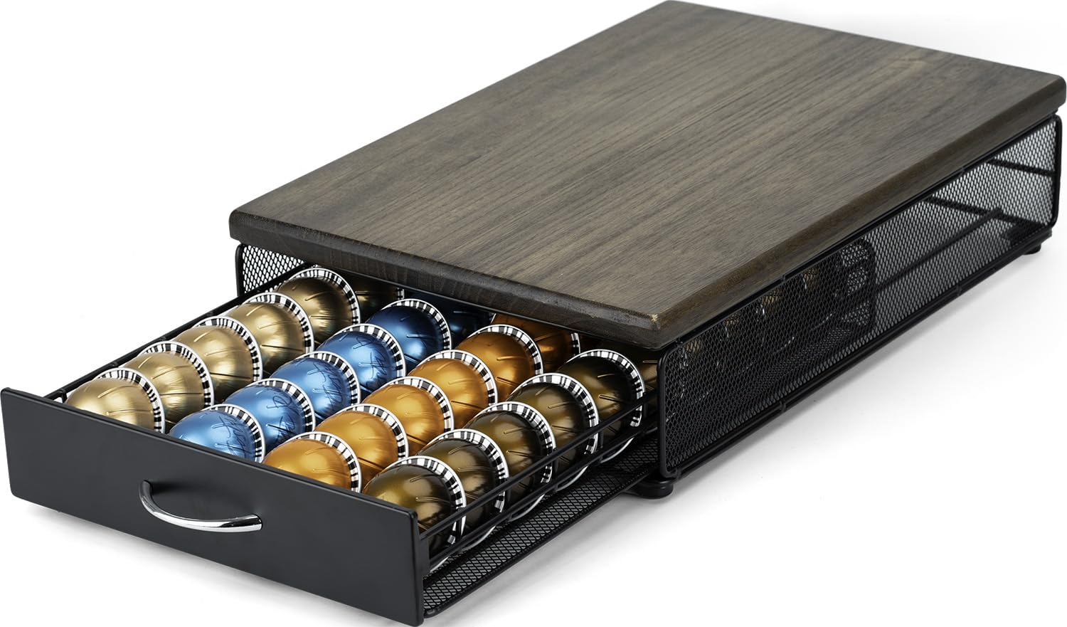 HiveNets for Vertuo Coffee Capsule Storage Drawer Compatible with Nespresso Vertuoline Pods Holder Metal and Wood Top Organizer (can hold 40 Pods)