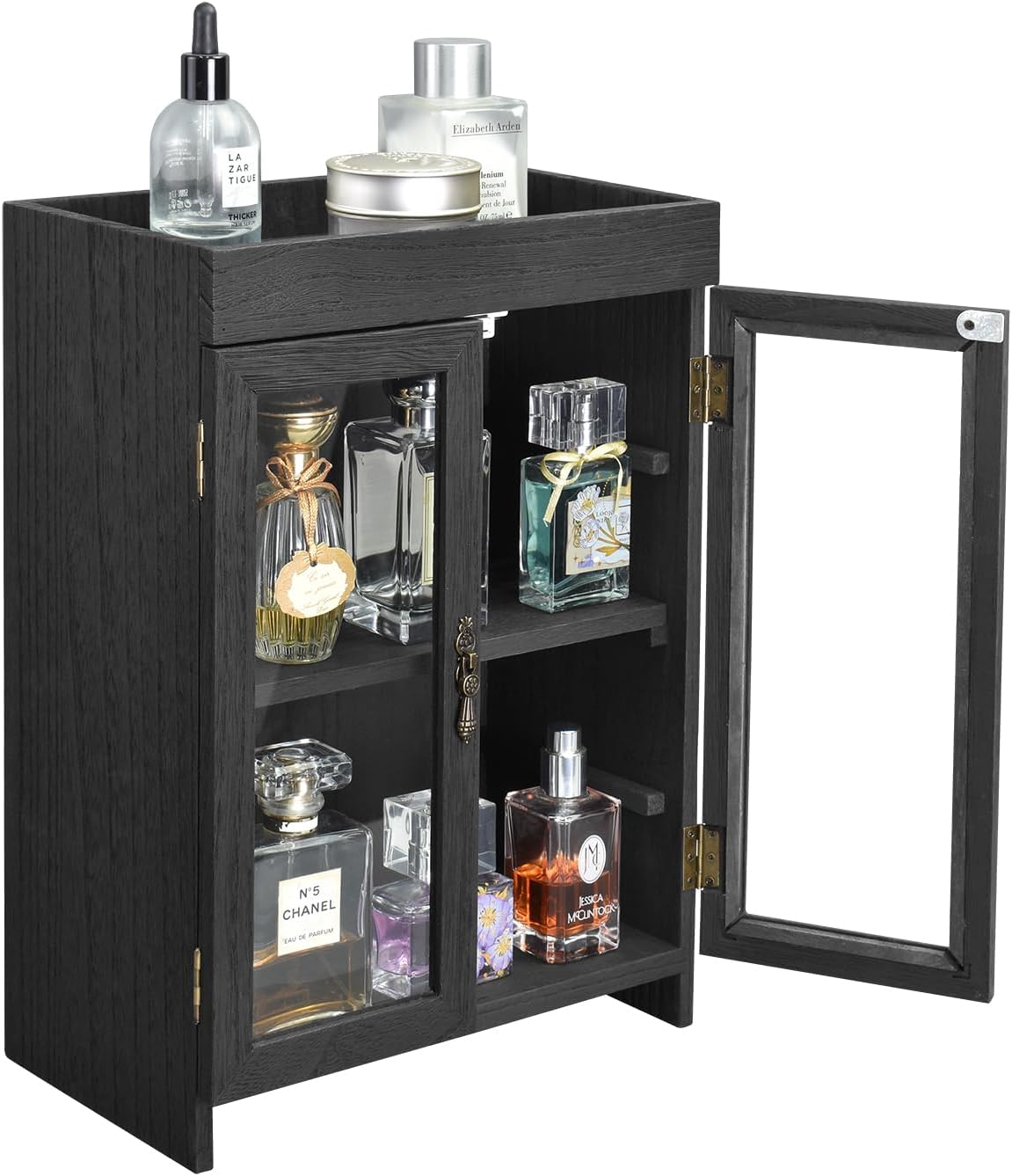 Ikee Design Small Wooden Countertop Storage Cabinet with Adjustable Shelves and Removable Hooks, Perfect for Perfume, Pantry, Essential Oil, 10.4W x 6.1D x 14.4H in, Black