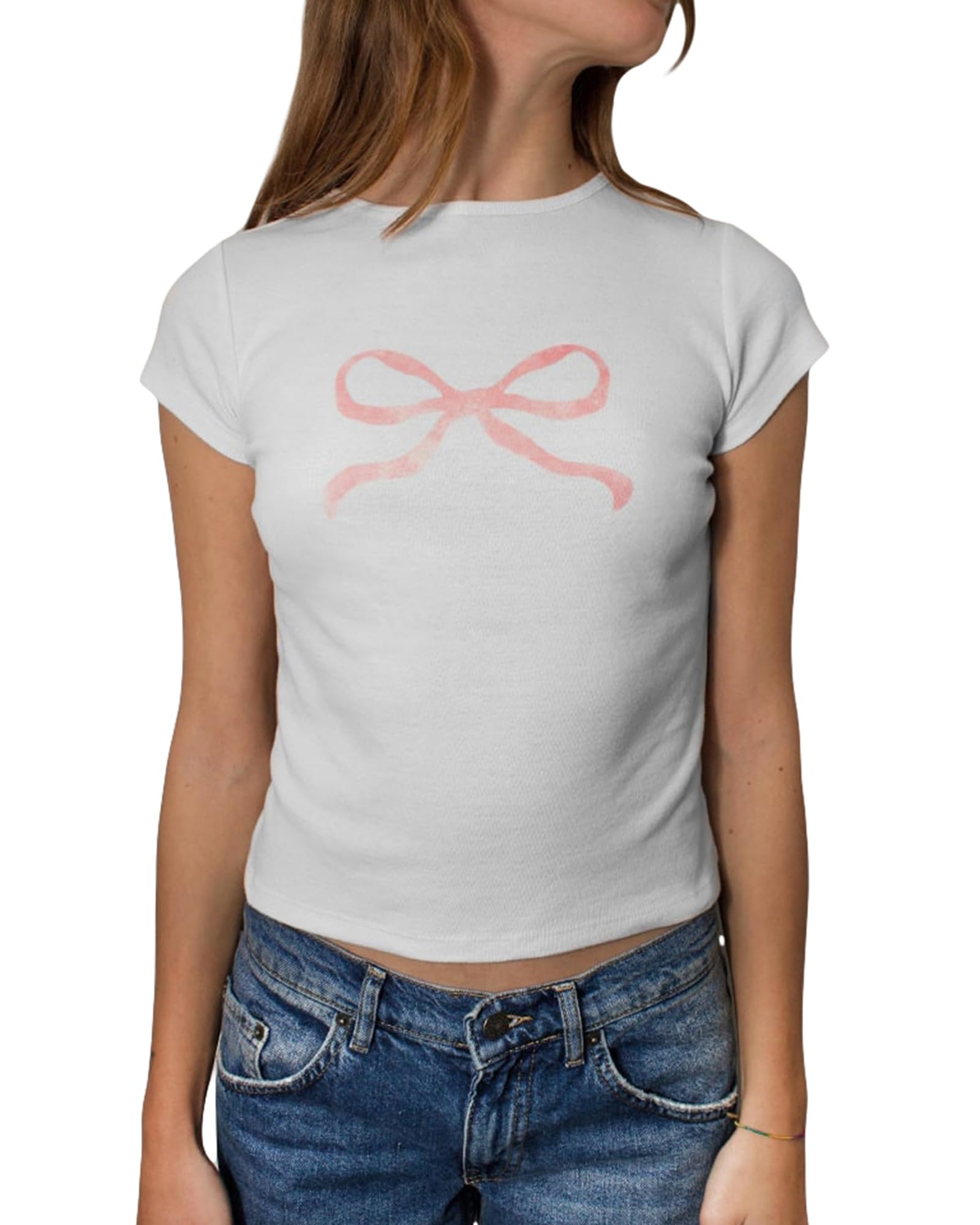 Women's Y2K Baby Tees Casual Slim Fit Bow Fruit Graphic Print Crop Tops Summer Round Neck Cap Sleeve Going Out Tops (A-Pink, L)
