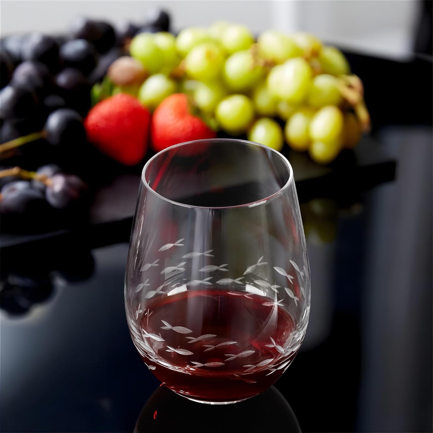 Joeyan Etched Stemless Wine Glasses,Hand Blown Drinking Glass Cups Wine Tumbler with Fish School Patterns,Carved Large Cocktail Whiskey Glasses,Gift for Party Wedding,17.5 oz,Dishwasher Safe - Image 2