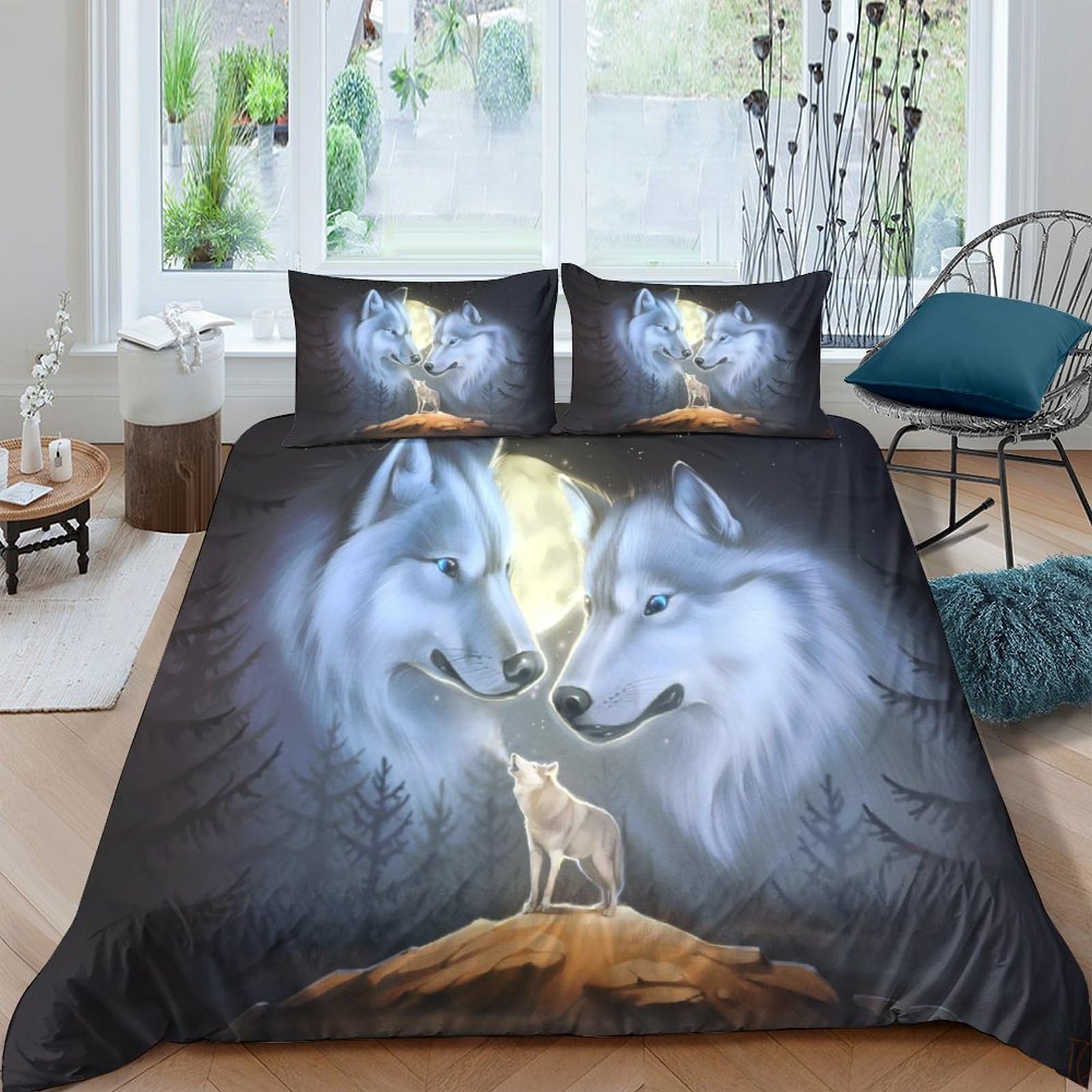 Housse de couette loup 240x220 cm avec taies d'oreiller en microfibre king size
