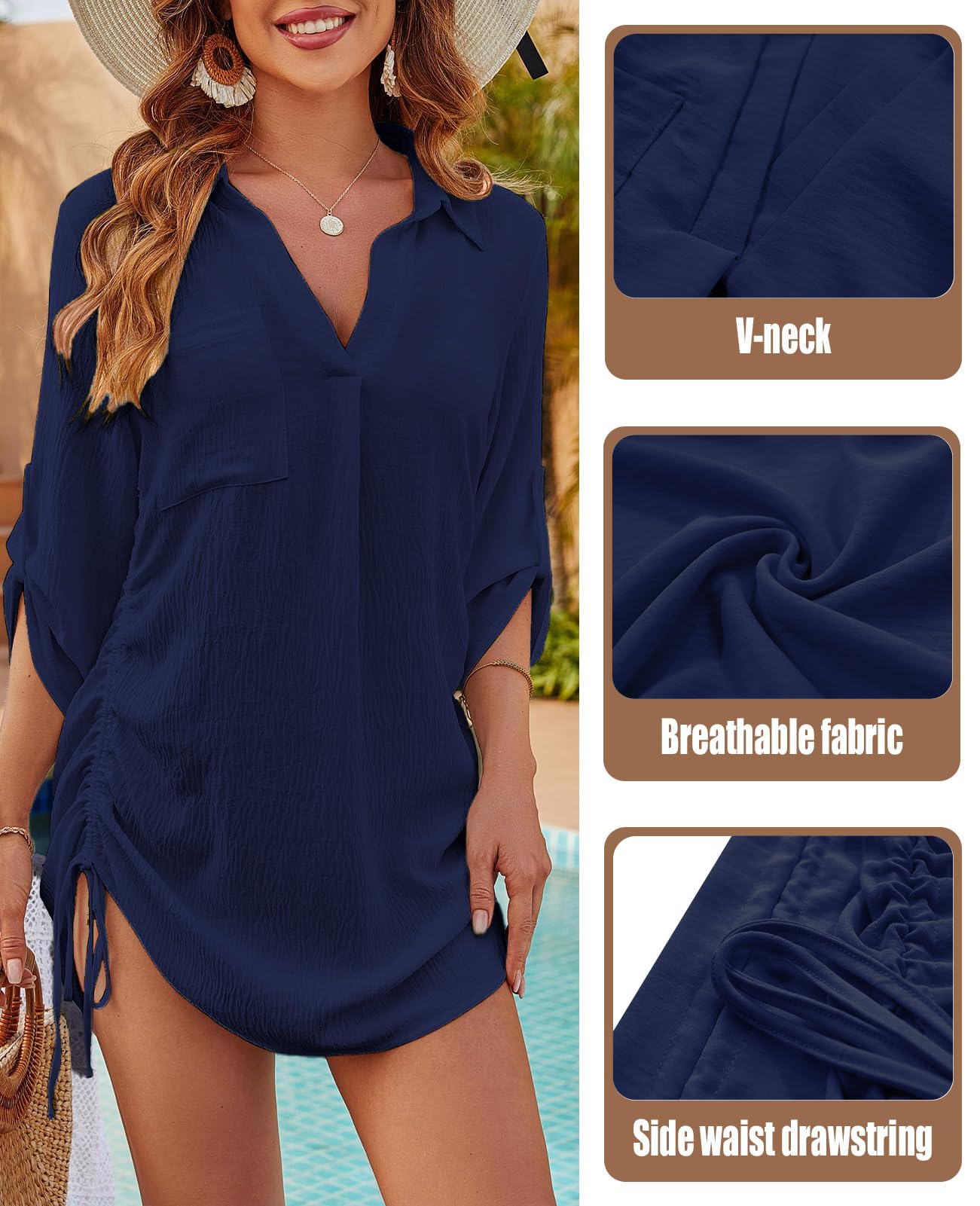 Vestido de Playa para Mujer Camisolas de Playa Cuello en V Camisa Suelto de Bikini Cover Up Color Sólido Casual Blusa con Botón Ropa de Baño Playeros
