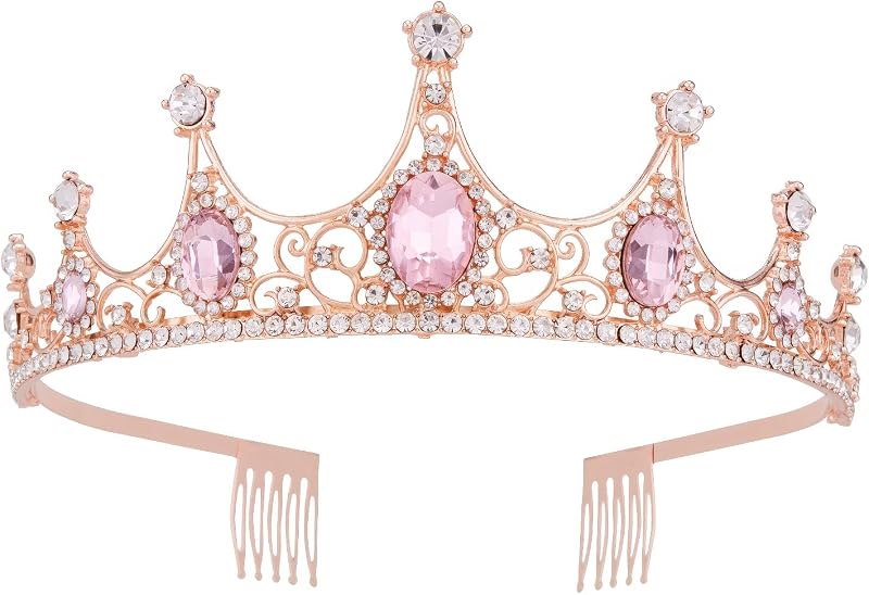 Vofler Rózsaarany Tiara Korona Rózsaszín Kristályokkal - Barokk Stílusú Fejdísz Nőknek Esküvőre, Születésnapra, Jelmezbálra