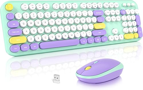Miniatura 14 de Combo de teclado y mouse inalámbricos retro, teclado de oficina de tamaño completo SQMD con teclas redondas coloridas, mouse silencioso de 2.4G para