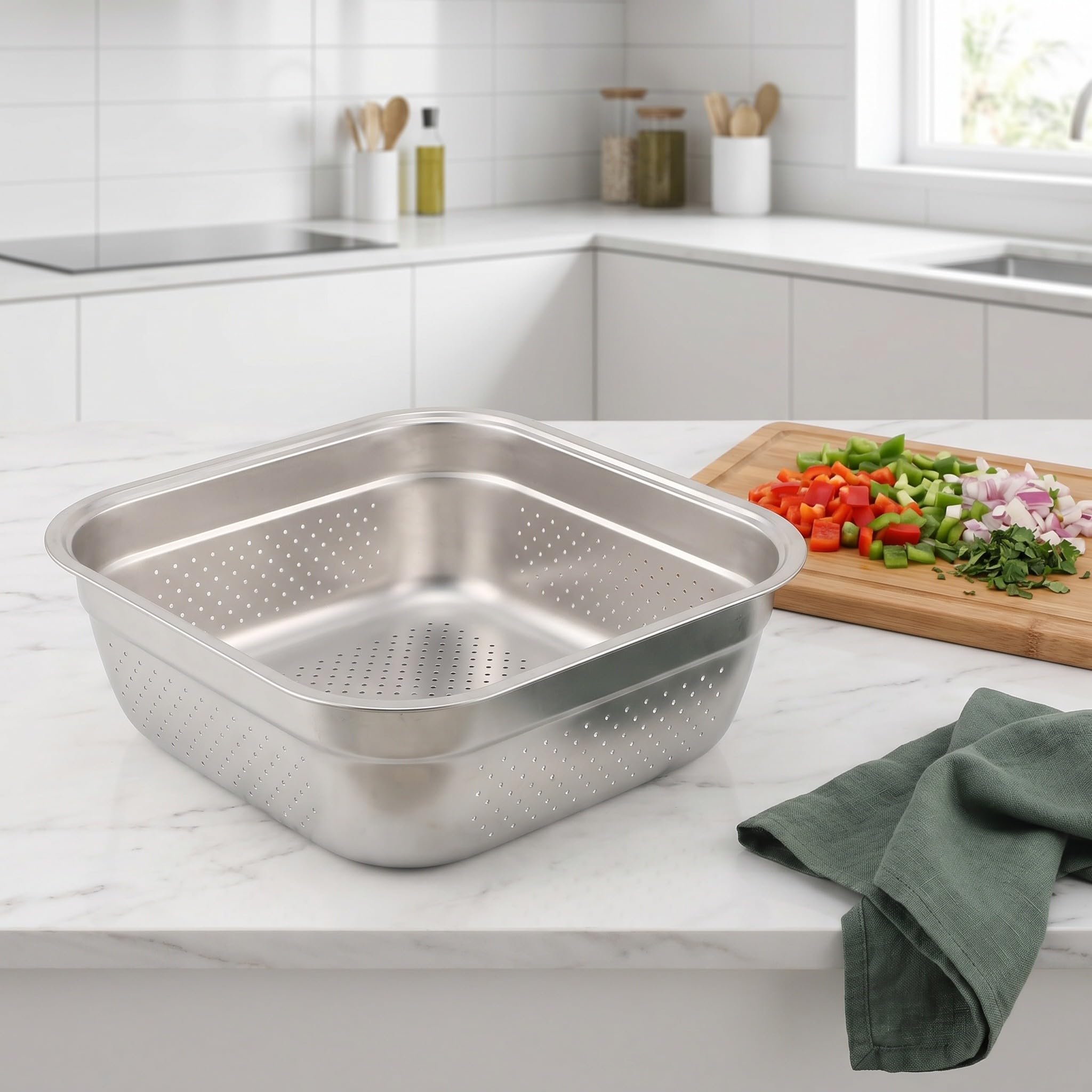 Operitacx Recipiente de acero inoxidable para lavar platos, colador cuadrado grande para fregadero de cocina, palangana para lavar frutas y verduras con borde liso para facilitar la limpieza, 30 x