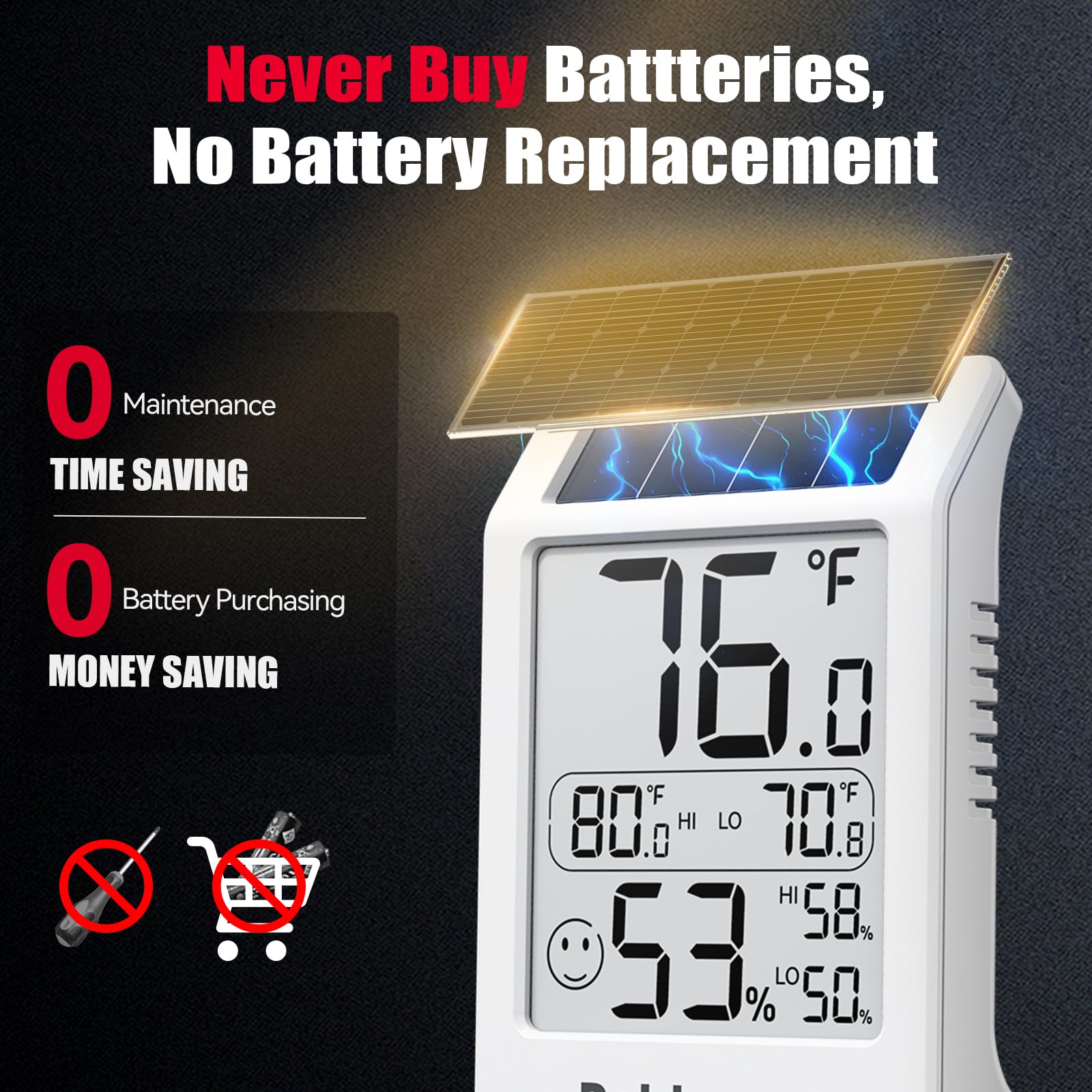 BaldrTherm Misuratore di umidità per stanza, igrometro a energia solare, sensore di temperatura digitale per interni, 8,1 cm, misuratore di umidità per stanze dei bambini, casa, ufficio, confezione da