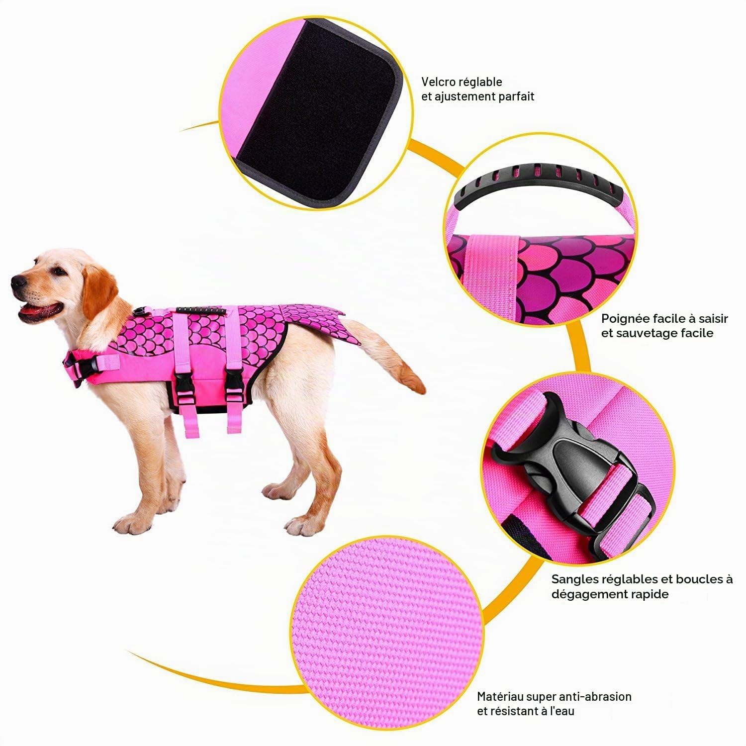 CITÉTOILE Gilet de Sauvetage pour Chien avec Poignée Rose Écailles M | Gilet de Flottaison pour Chien avec Réfléchissant, Veste Flottante pour Chien avec Bonne flottabilité, Les Sports Nautiques