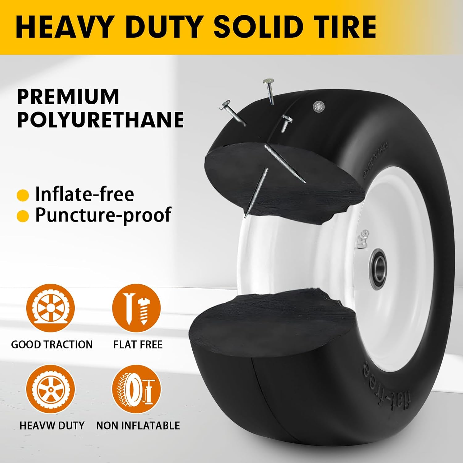 13x6.50-6 Flat Free Tire and Wheel 2 Pack, Solid Smooth Zero Turn Lawn Mower Front Tire Assembly, 3/4" Bearings Pre-assembled, 4"-6.2" Centered Hub and Extra 5/8" & 1/2" Bushings