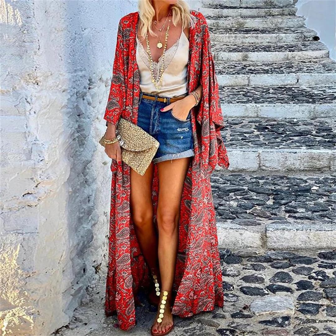 Wjnvfioo kimono lungo boho donna estate vintage stampato anteriore aperto manica larga tunica