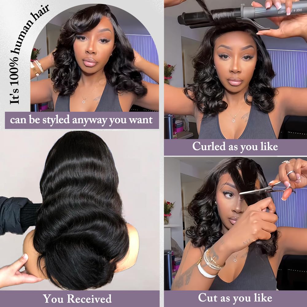 13x6 Lace Front Wigs Human Hair 12inch Bob Wig Human Hair 180 density Body Wave HD Transparent Lace Wigs Pre Plucked Glueless Bob Wig for Women