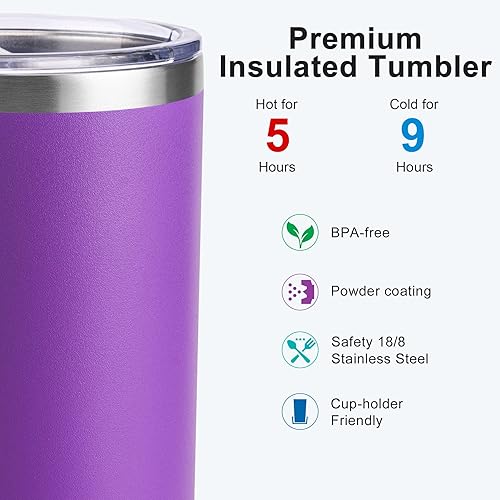 Miniatura 3 de koodee Vaso con popote - Vaso delgado de 12 oz con tapa, acero inoxidable de doble pared con aislamiento al vacío, para agua, sin sudor (morado)