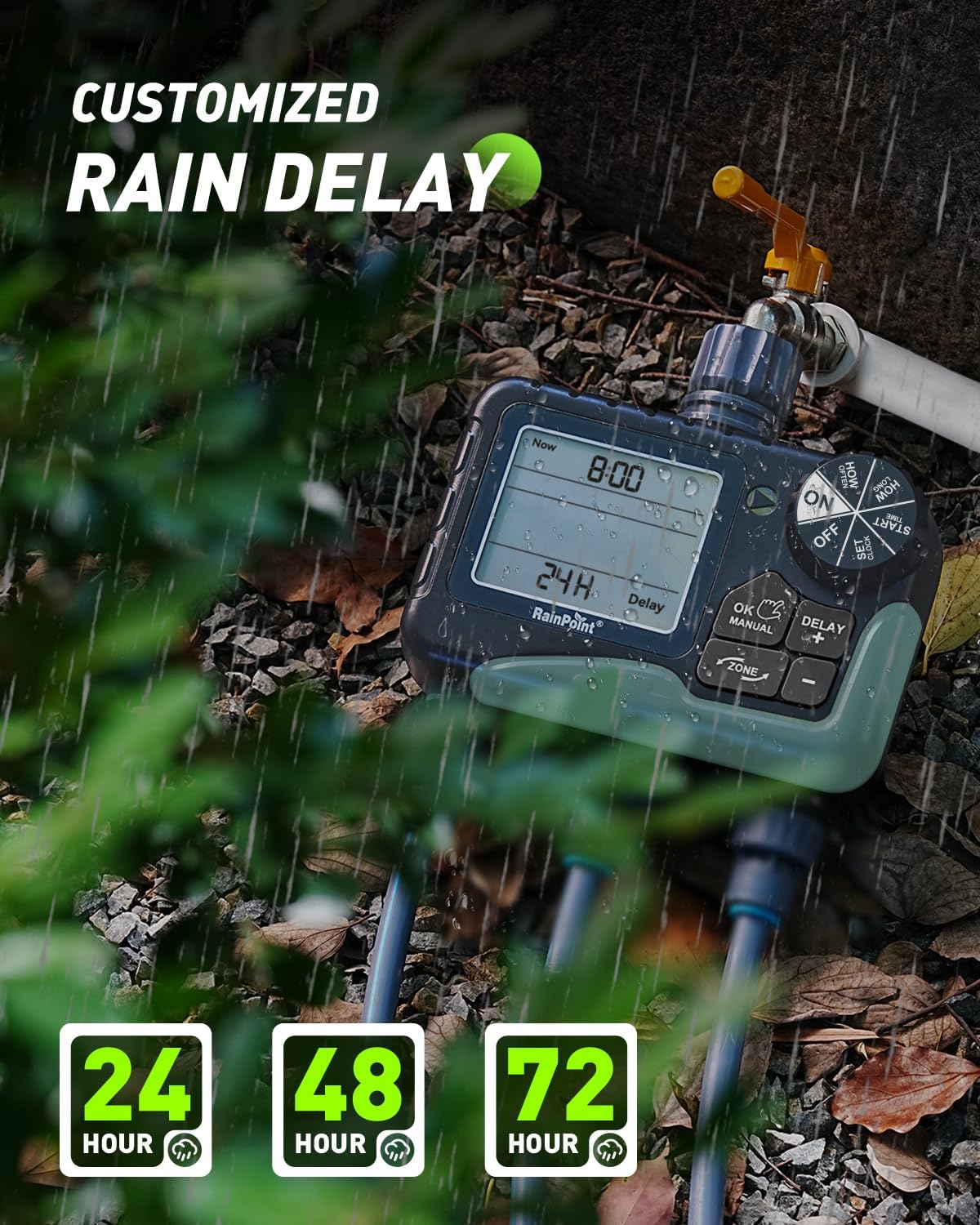 Programmateur Arrosage Rainpoint - 3 Horaires - Retard Pluie - Pour Jardin Pelouse