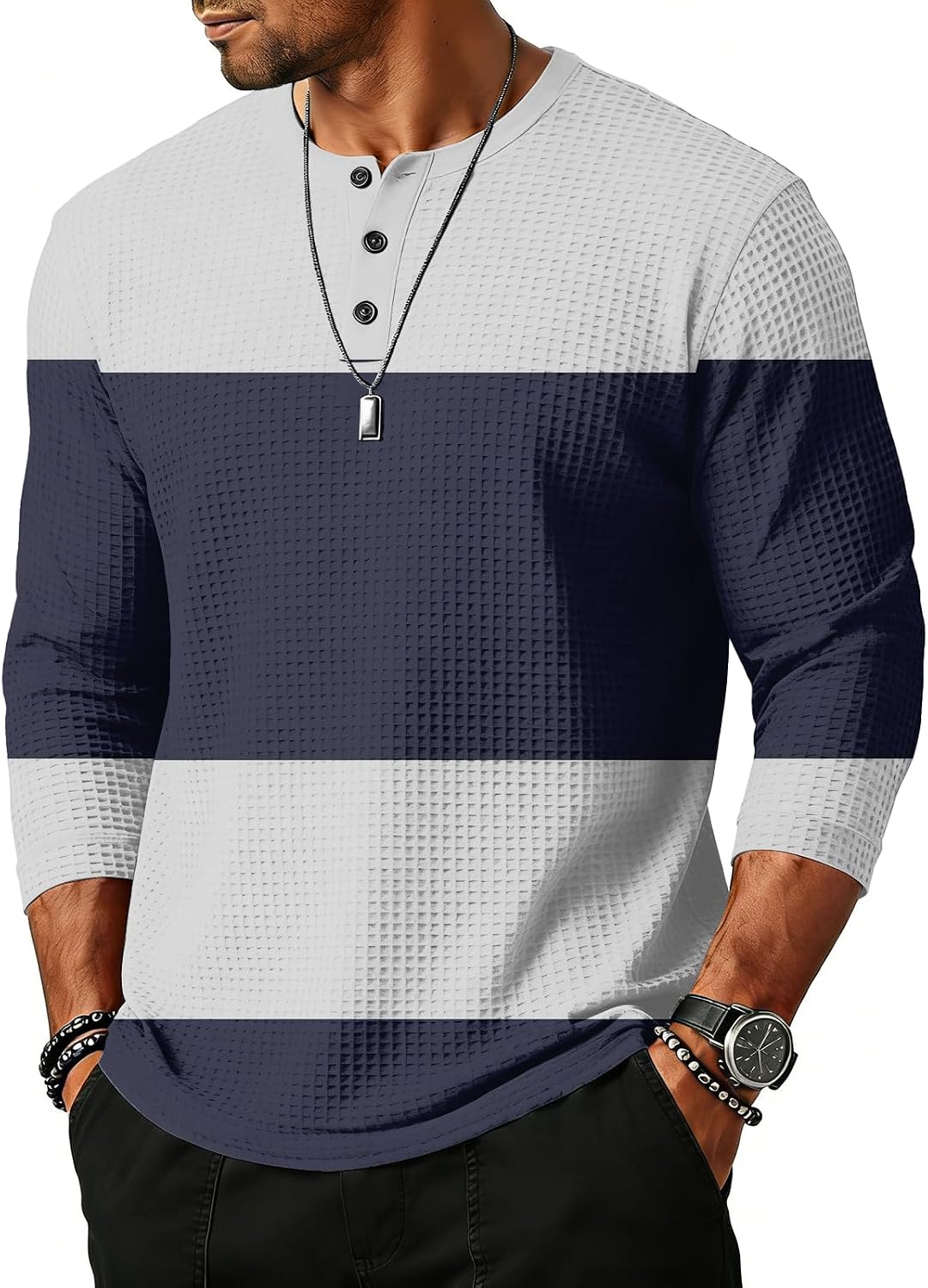 WENKOMG1 Men's Striped Henley Shirt 3/4 Sleeve Summer Beach Casual Athletic Workout T-Shirt, S-2XL