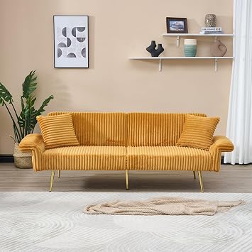Futon Sofa Bed, Convertible Sofa Bed with Folding Armrests, Corduroy Futons Couch with Adjustable Backrest, Loveseat Sleeper for Living Rooms and Small Spaces Yellow