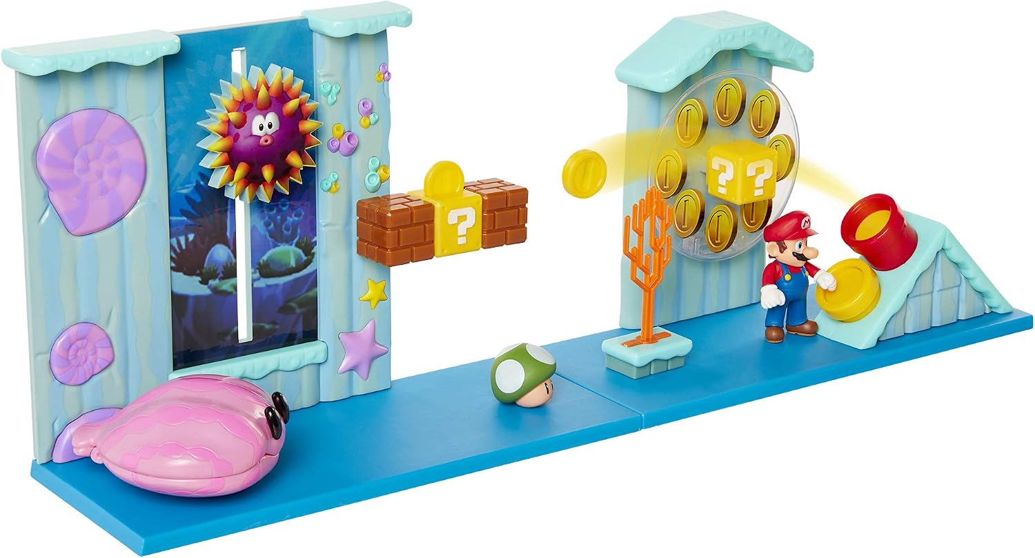 SUPER MARIO Nintendo Deluxe Underwater Playset with 5 Interactive Environmentpiece – Includes 2.5” Mario Figure, 1-Up Mushroom Accessory & Warp Pipe Coin Launcher