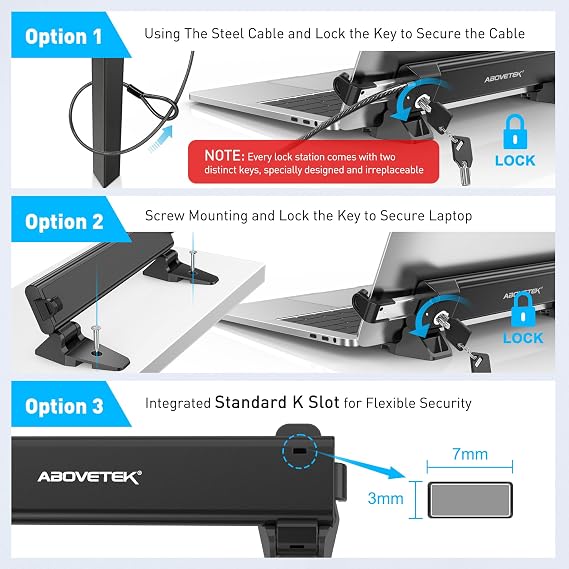 AboveTEK MacBook & Surface Laptop Locking Station with Combo Lock Cable, Anti Theft Folding Security Laptop Desk Mount, Adjustable & Portable, Fits 12-16 Laptops/Notebooks (Black)