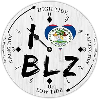 Cheyan I Love Belize Flags Farmhouse Wood Tidal Clock Nautical Moon East Coast Ocean Time High and Low Tide Wooden Clock Decoration for Beach House Home Sailing Gifts for Fisherman 15x15 in