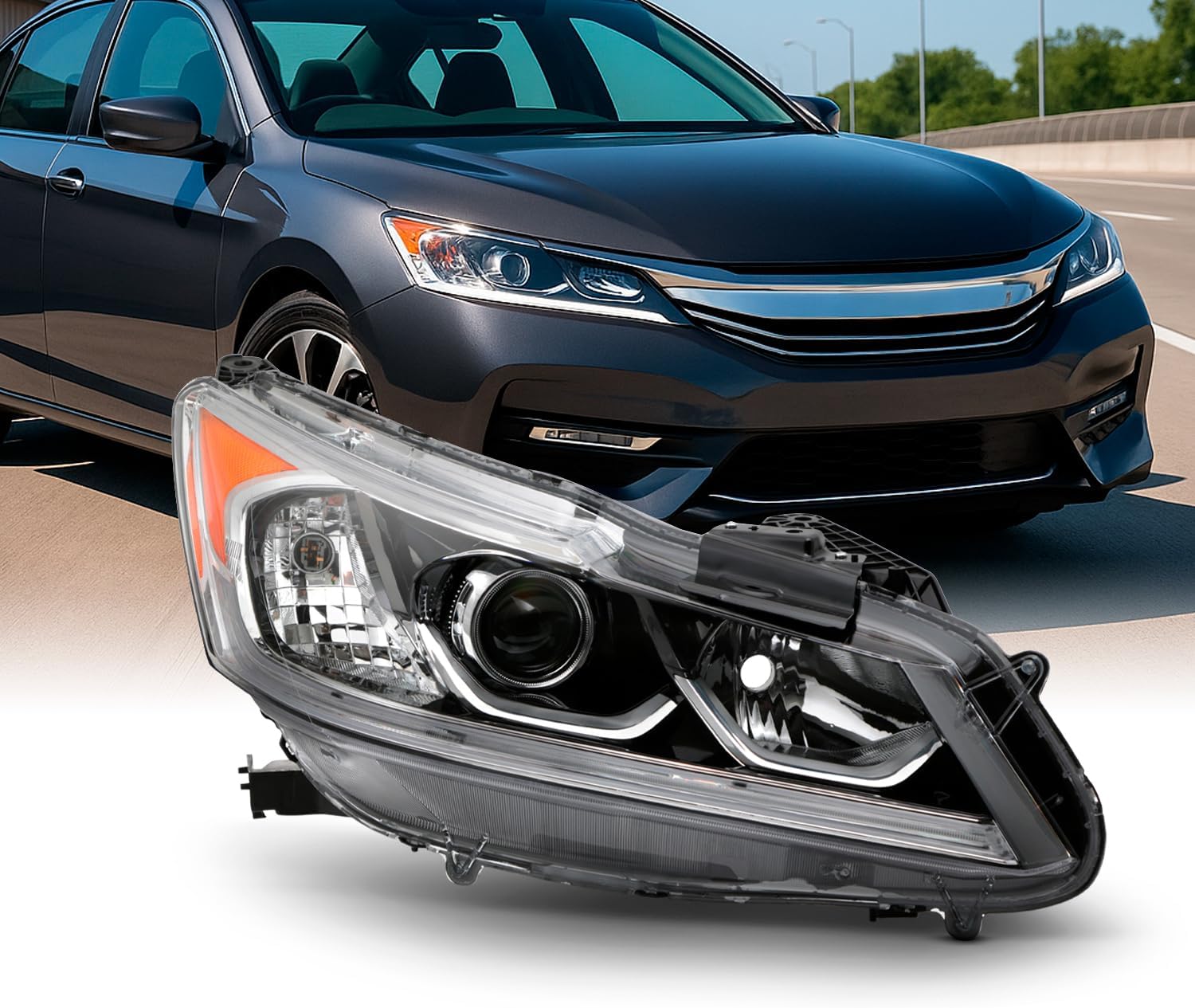 AKKON - Fits 2016-2017 Honda Accord LX 4Door Sedan [Halogen Type] Projector Chrome Headlight Headlamp Passenger Right Side