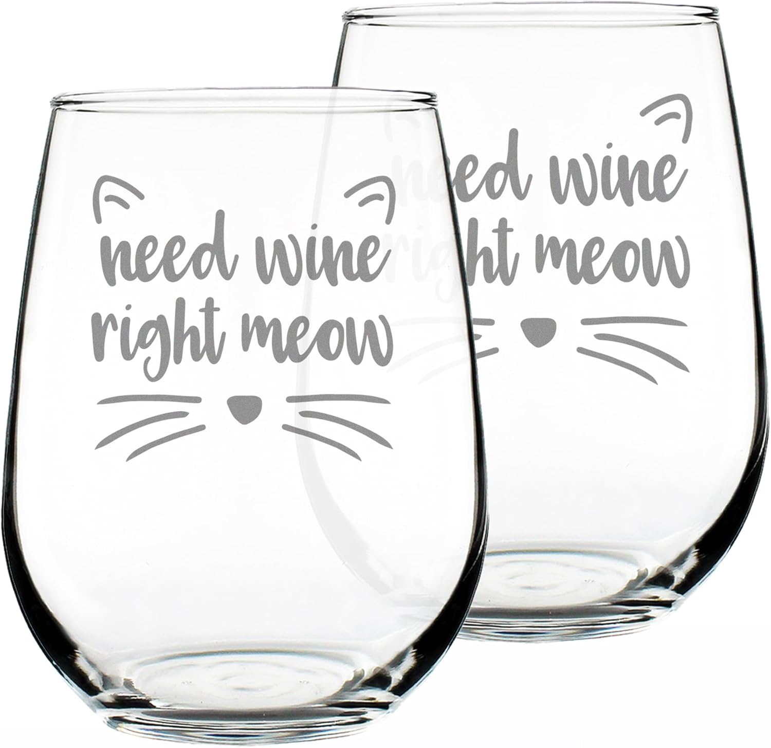 Bevvee Need Wine Right Meow – Funny Cat Stemless Wine Glass, Large 17 Ounces, Etched Sayings, Gift Box - Set of 2