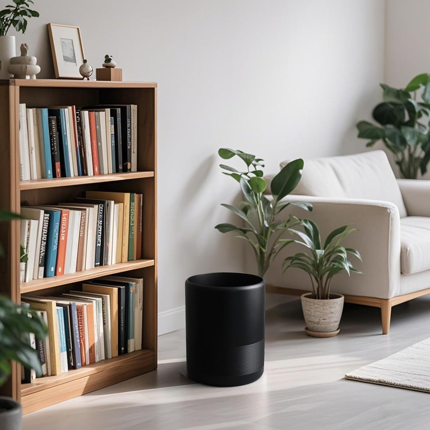 Condition photo showing New/Like New for modern resin trash can bin, wastebasket for bathroom, kitchen, office, home, black