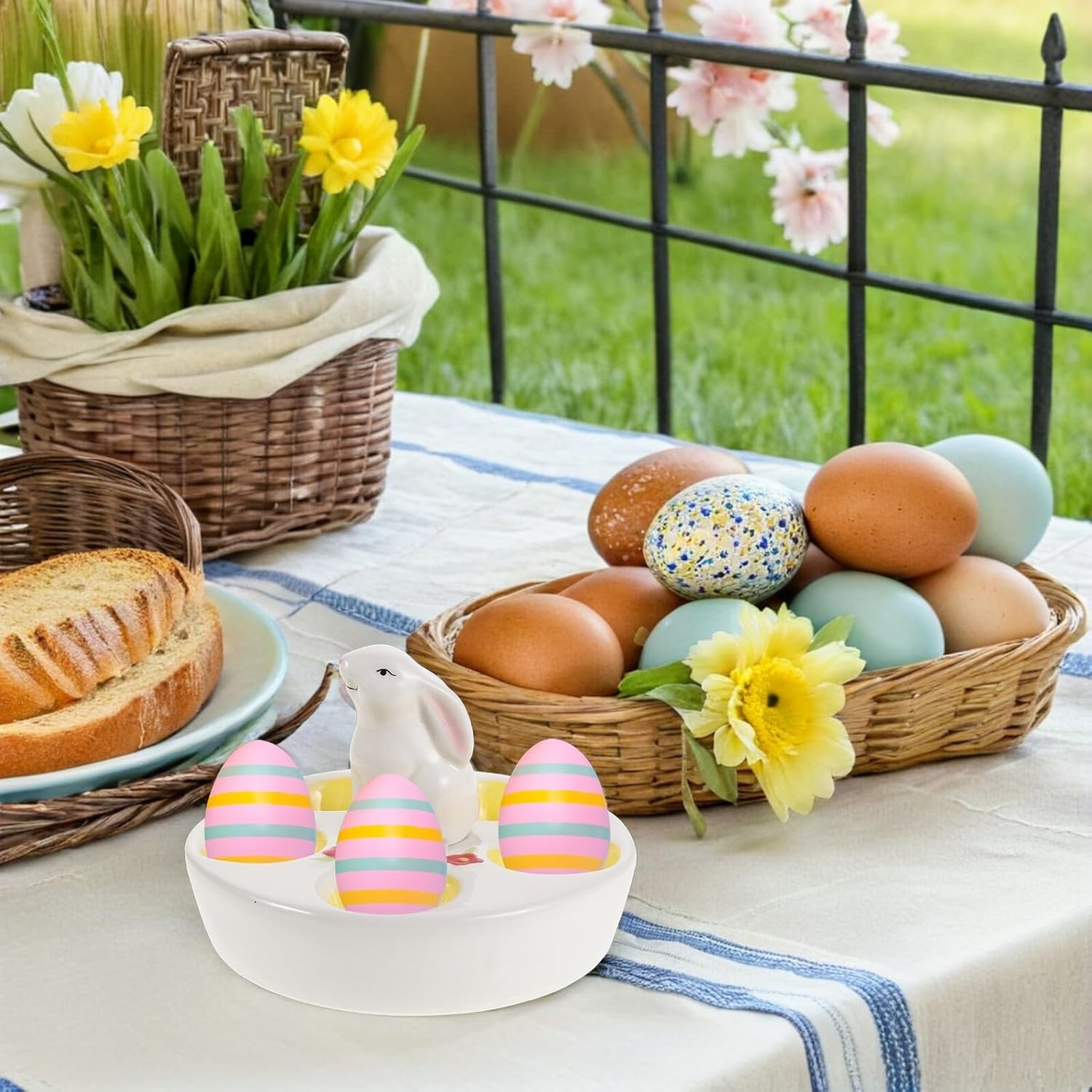 Garneck Easter Deviled Egg Platter Ceramic Bunny Egg Holder with Sturdy Dishwasher Safe Rabbit Tray for Kitchen Refrigerator Countertop Display and Appetizer Serving