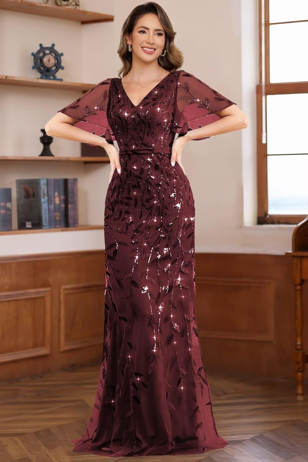 Miao Duo Flutter Short Sleeves Long Mother of The Bride Dresses for Women Sequin V Neck Formal Wedding Guest Dress YZTS256