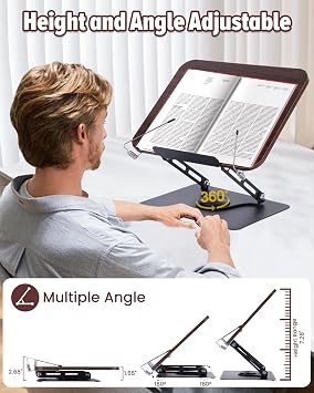 ASIEIT Book Stand for Reading Adjustable Book Holder with 360° Rotating Base Foldable Cookbook Stand with Elastic Page Clips for Kitchen Office Sheet Music Recipe Magazines Laptop