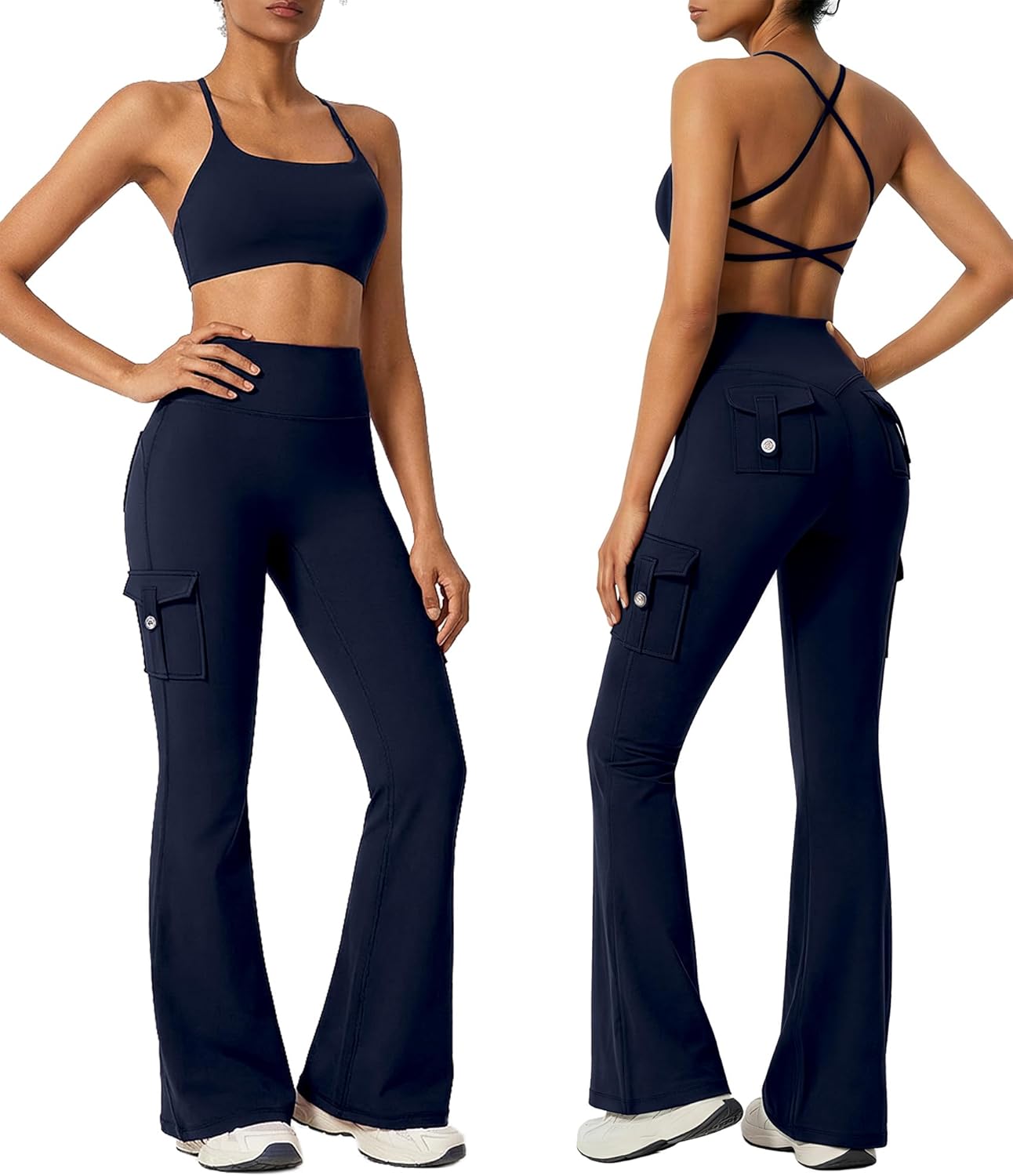 RXRXCOCO Women 2 Piece Workout Sets Flare Leggings with Pockets Butt Lifting High Waisted Cargo Gym Yoga Sets Pilates Outfits - Image 3