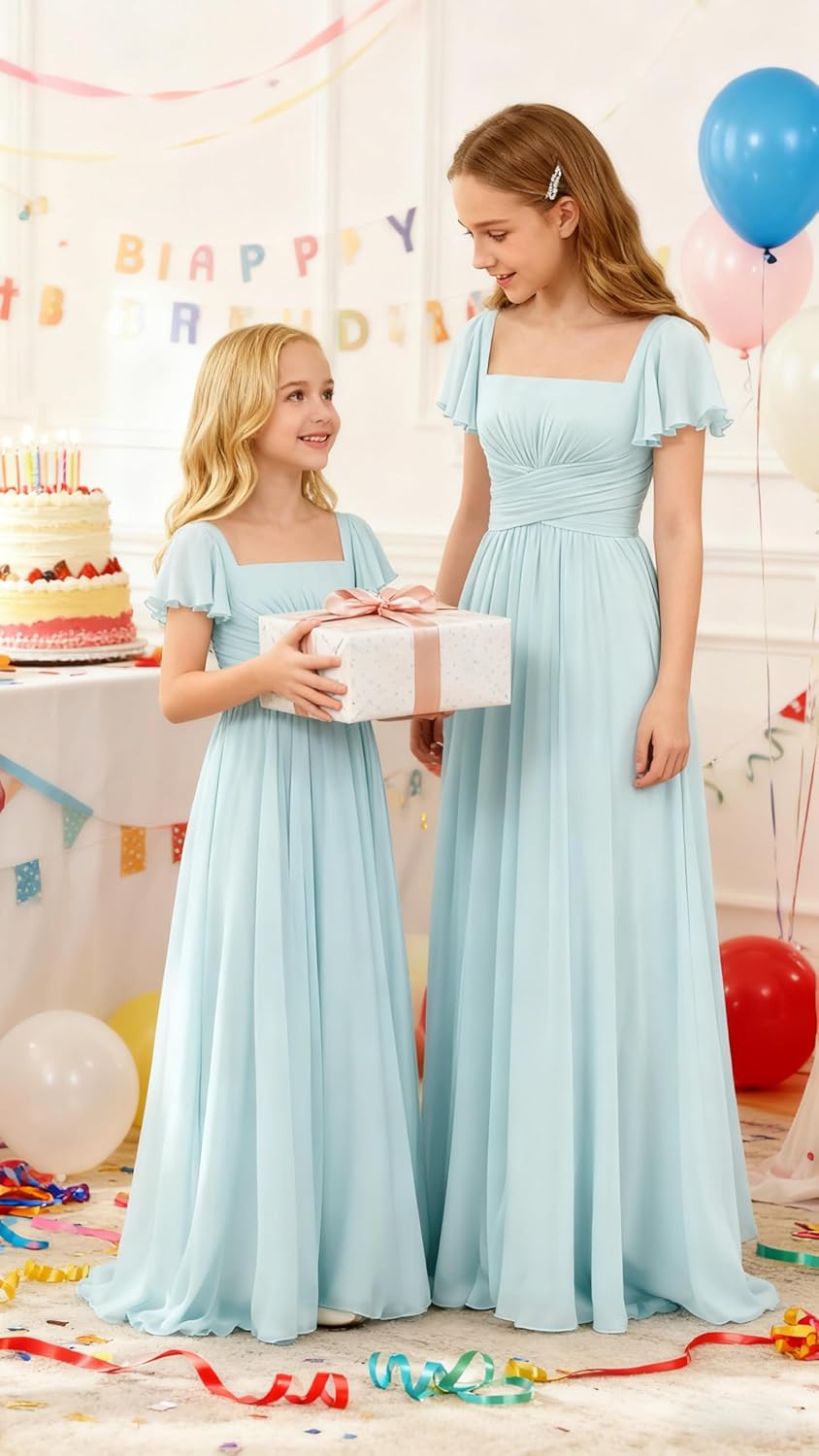 Flutter Sleeves Junior Bridesmaid Dress Square Neck Flower Girl Dresses with Ruffles A Line Wedding Party Gown - Image 3