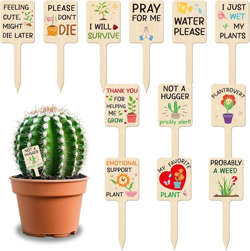 UPINS 24 Pcs Acrylic Plant Labels Funny Words Markers for Indoor Outdoor | 24 acrylic T-shaped plant labels with funny words and wood texture weather-resistant for indoor and outdoor garden use