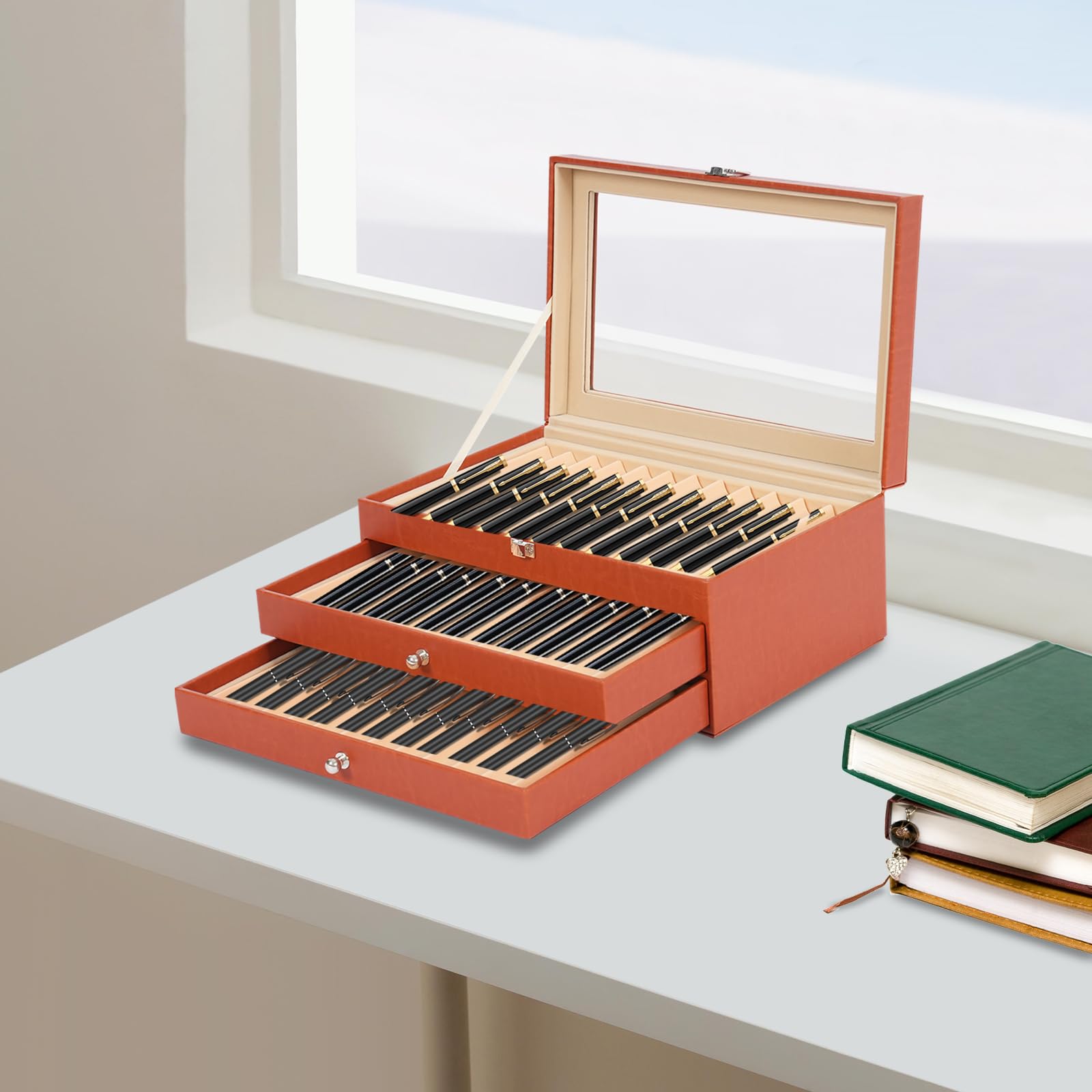 3 Etagen 36 Steckplätze Stift Display Box, Stift Aufbewahrungsbox aus Holz und PU, Rollmäppchen für Stifte, Federmäppchen Leder, für Stiften, Kugelschreibern und Markierstiften, 30.5 x 20 x 13.5cm