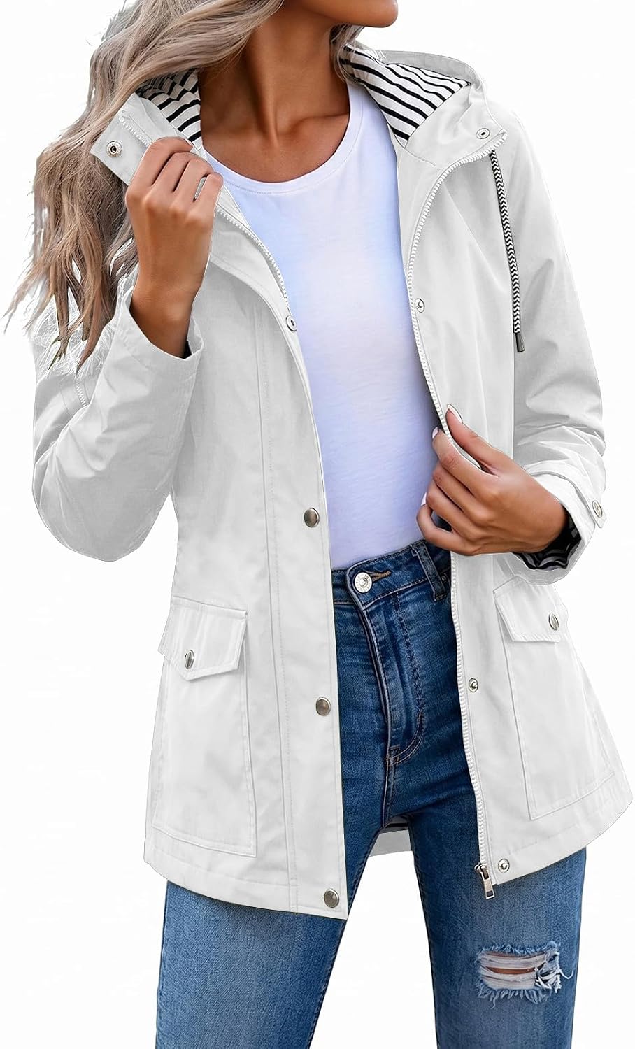 Lmdudan Womens Windproof Hooded Jacket Water Resistant Long Sleeve Drawstring Coat Outdoor Travel Hiking Jacket with Pocket