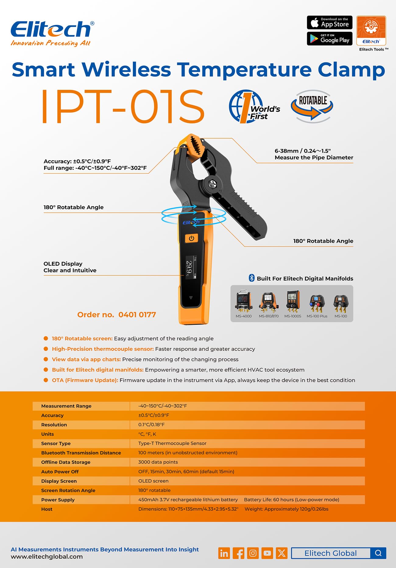 Elitech Sonda de temperatura inalámbrica IPT-01S con cabeza giratoria, termómetro Bluetooth Hvac tipo T, alcance 100 metros, pinza temperatura tubos 6-38 mm, grabación de datos 3000 puntos, IP54