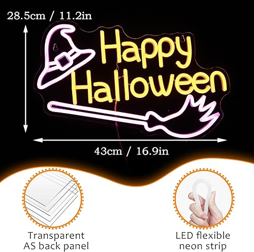 Miniatura 4 de Letrero de neón con diseño de bruja de Halloween, escoba regulable, decoración de pared LED, luces de neón, decoraciones de Halloween para el hogar,