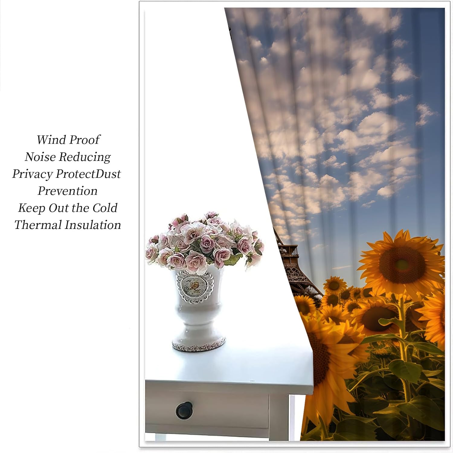 Eiffel Tower Curtains 84 inch Length 2 Panel, Paris Love City Blackout Curtains for Living Room, Sunflower Window Treatment, Sunset Field Grommet Curtains for Bedroom