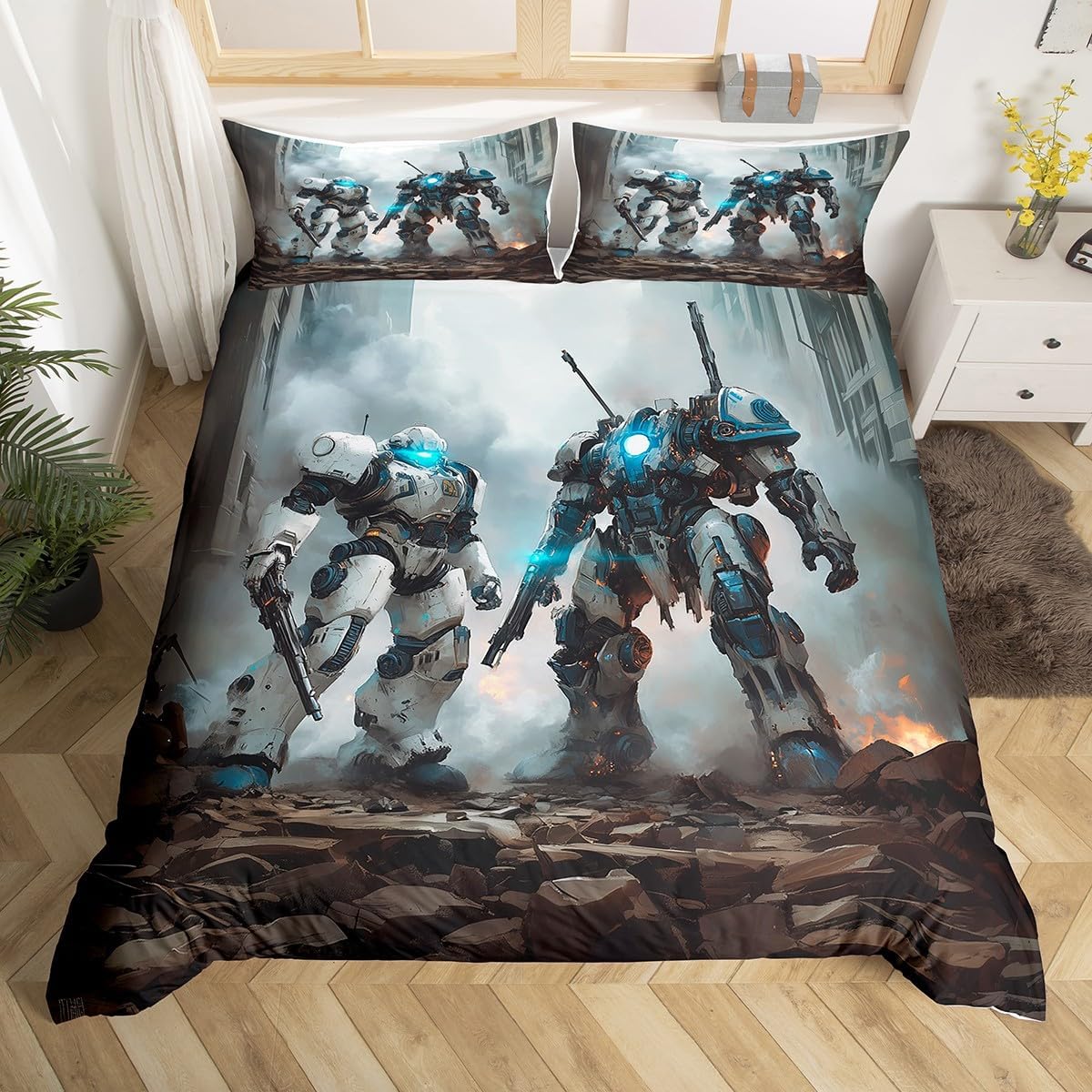Robots Duvet Cover Sets Full Size,Robot Soldier Bedding Set 3Pcs for Kids Girls Boys Adult Room Decor,Video Games Comforter Cover Cool Modern Quilt Cover,2 Pillowcases