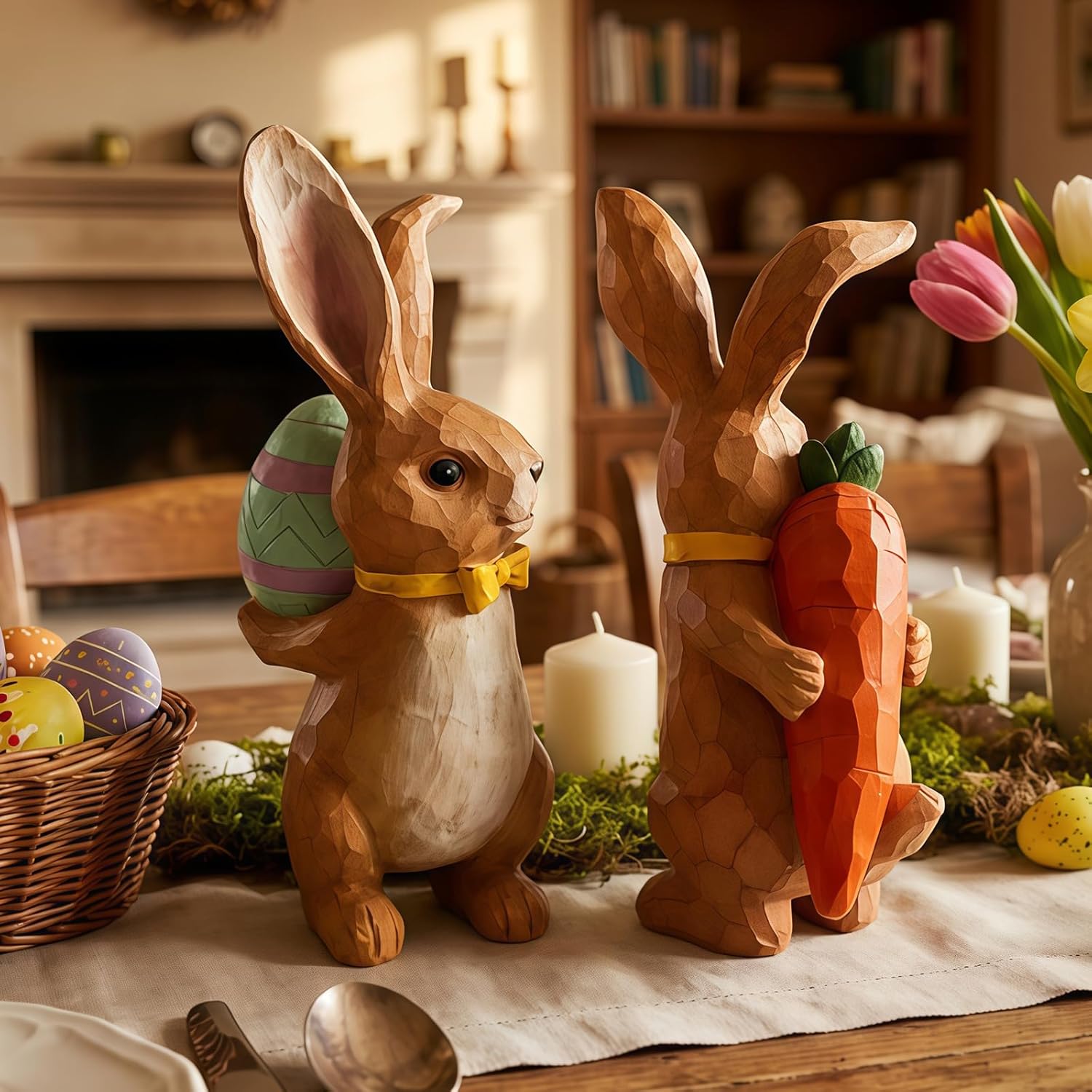 LIFFY Easter Bunnies Statue Home Decor - Charming Hand Painted Resin Rabbit Figurines with Flower, Pretty Spring Home Decor & Gift (Brown)