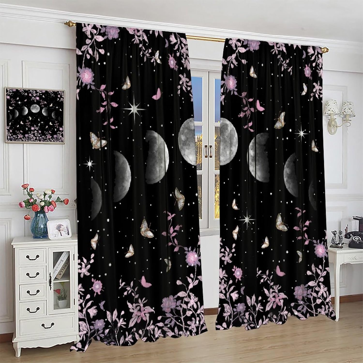 Moon Phase Moonlit Curtains, Gothic Witchy Pink Wild Roses Butterfly Vines Bohemian Moonlit Mysticism Design Window Curtains for Living Room Bedroom 42x63in